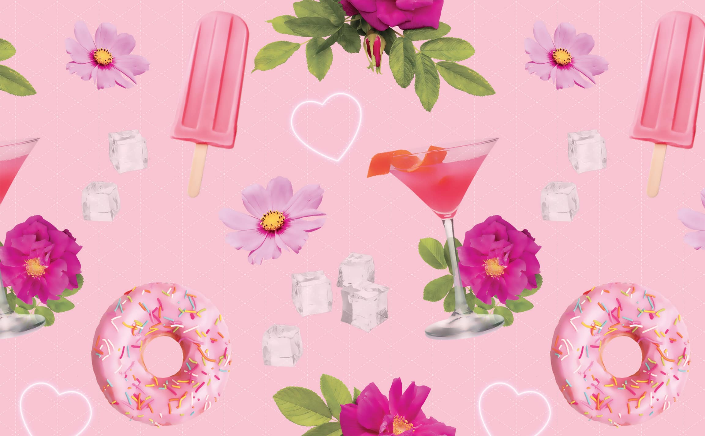 Donuts, Eis am Stiel, Cocktail, Blumen, Sommer, Pink, 16:10, Full-HD-Hintergrundbild für den Desktop
