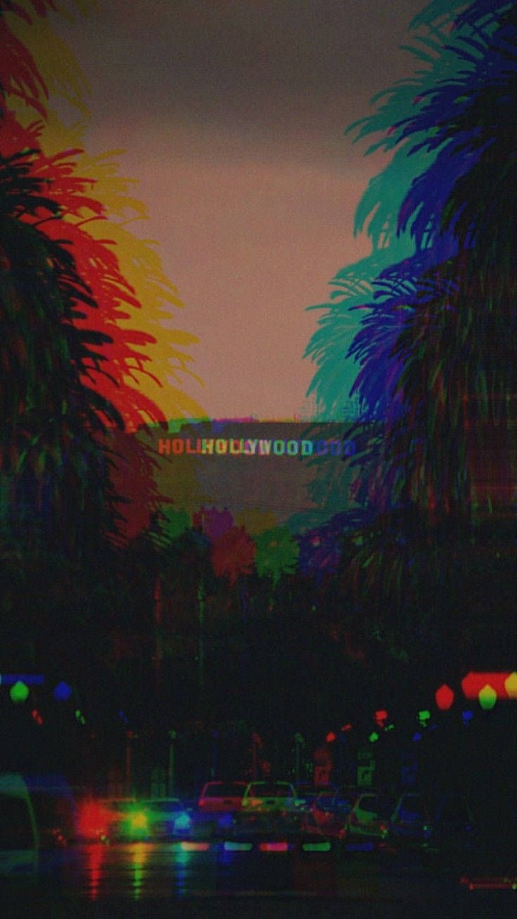 Glitch-Effekt, Palmen, Hollywood Sign, Dunkel, HD, Handy-Hintergrund im Hochformat