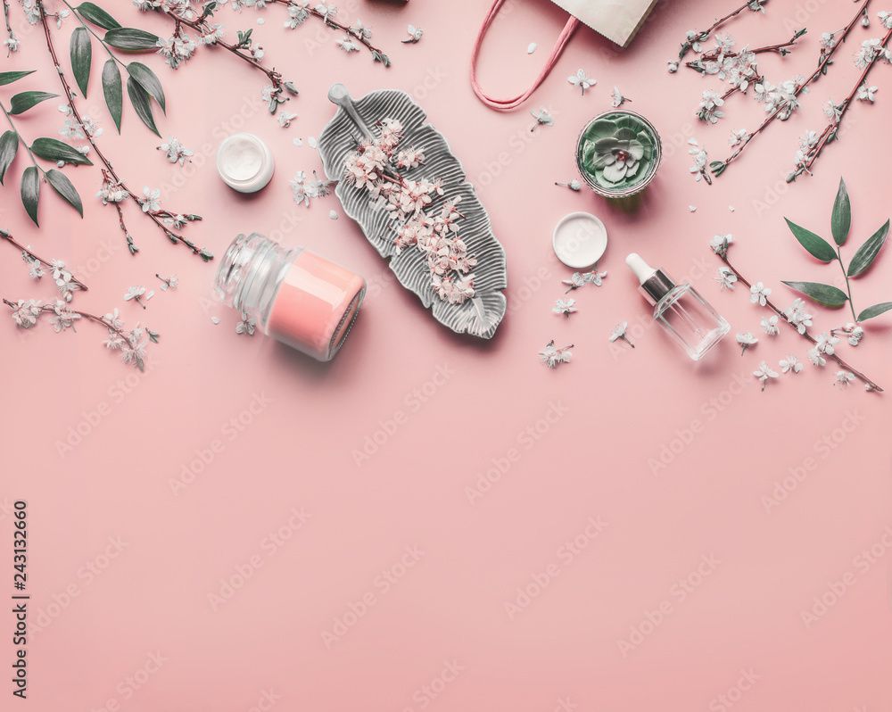 Kosmetik, Flatlay, Zweige, Silber, Altrosa, Hintergrund