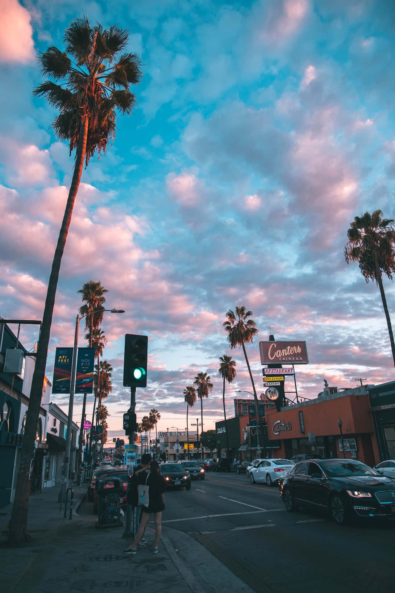 Los Angeles, Palmen, Straße, Rosa Wolken, Full HD, Hintergrundbild fürs Handy