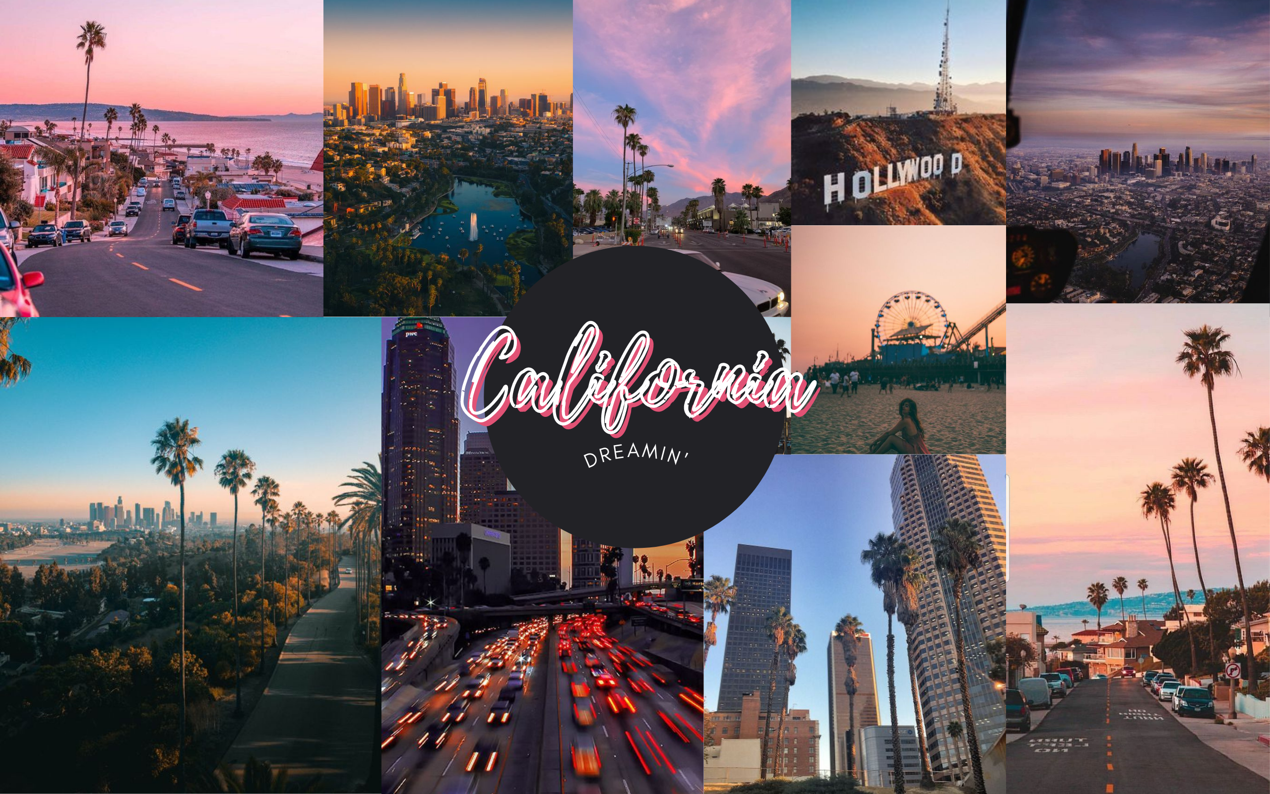 California Dreamin', Collage, Los Angeles, Hollywood Sign, Santa Monica Pier, 2K-Hintergrund