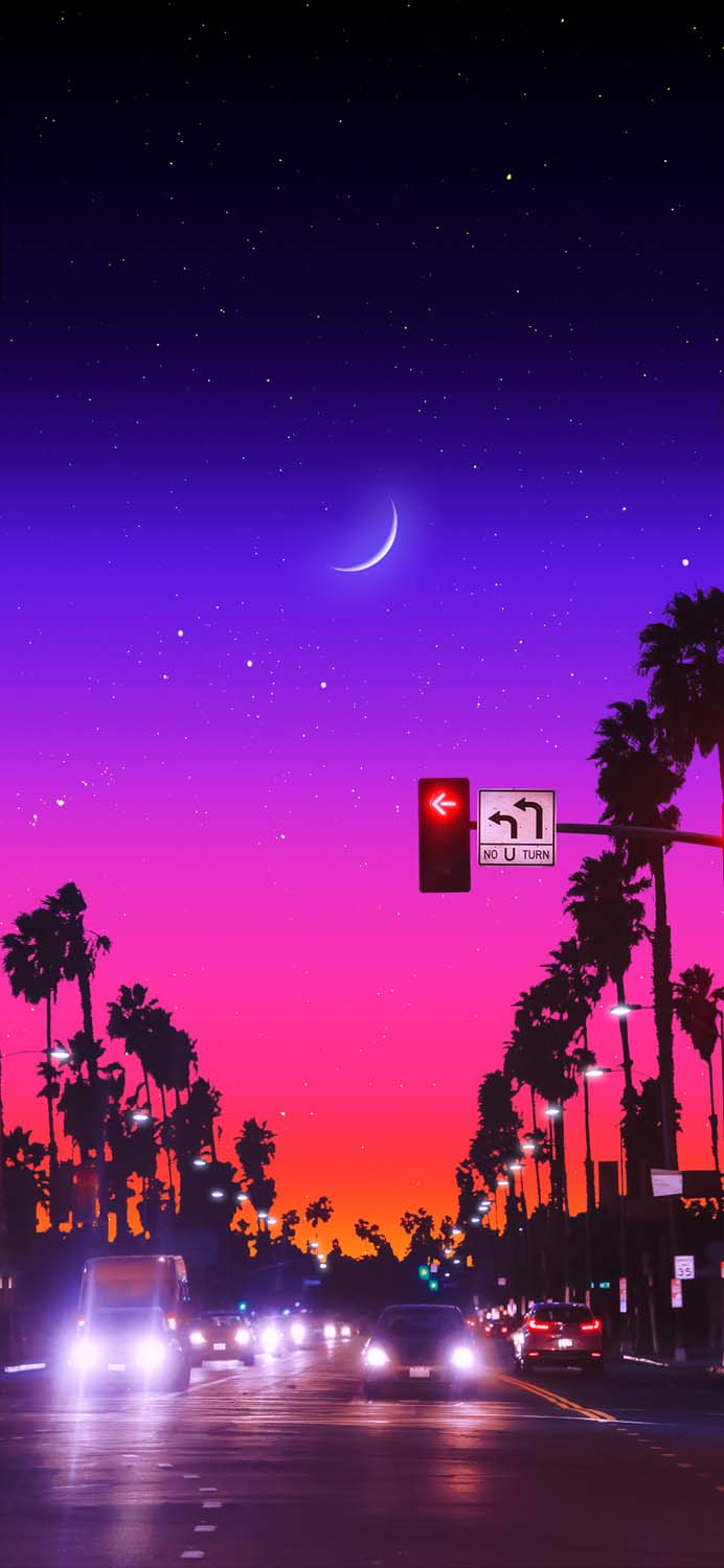 Palmen, Neonhimmel, Mondsichel, Lila, Nacht, Hochformat, Hintergrundbild fürs Smartphone