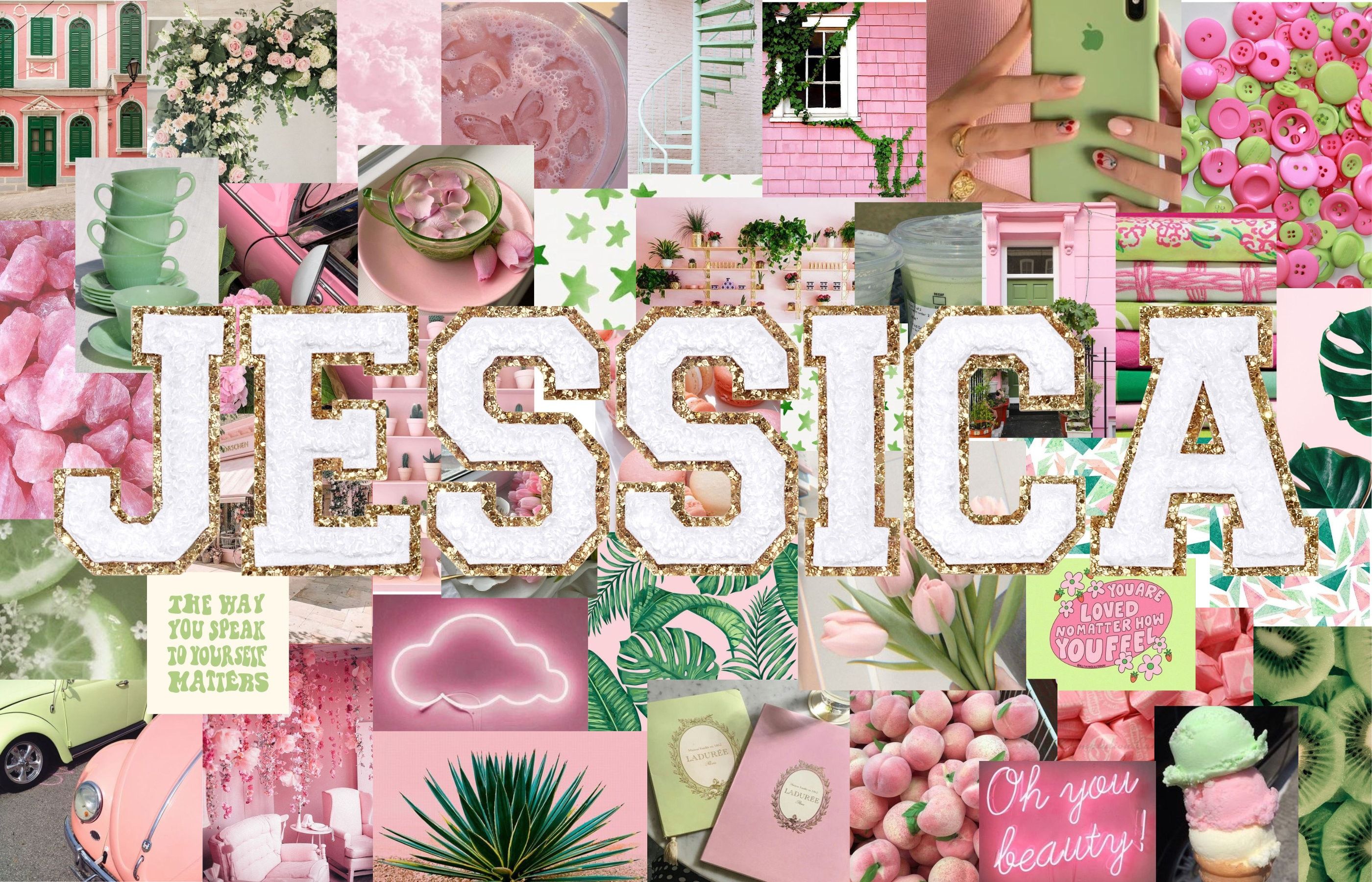 Jessica, Collage, Buchstaben-Patches, Grün, Rosa, 2K, Hintergrundbild für den PC