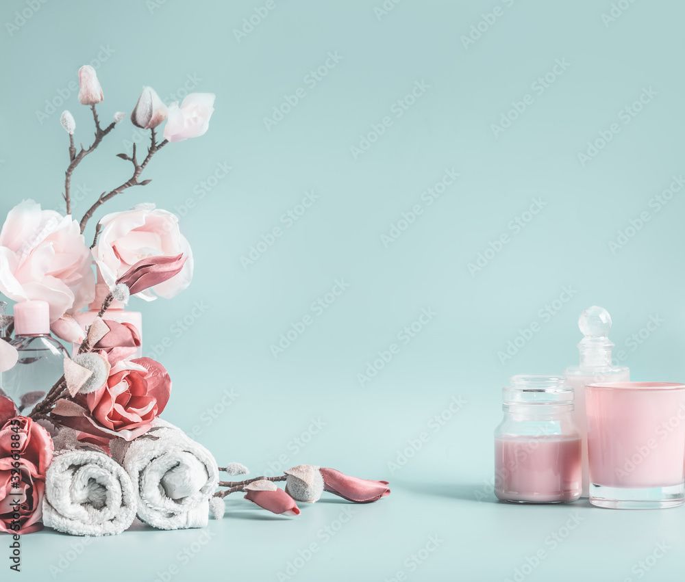 Spa, Rosen, Handtücher, Kerzen, Mintgrüner Hintergrund, Wallpaper