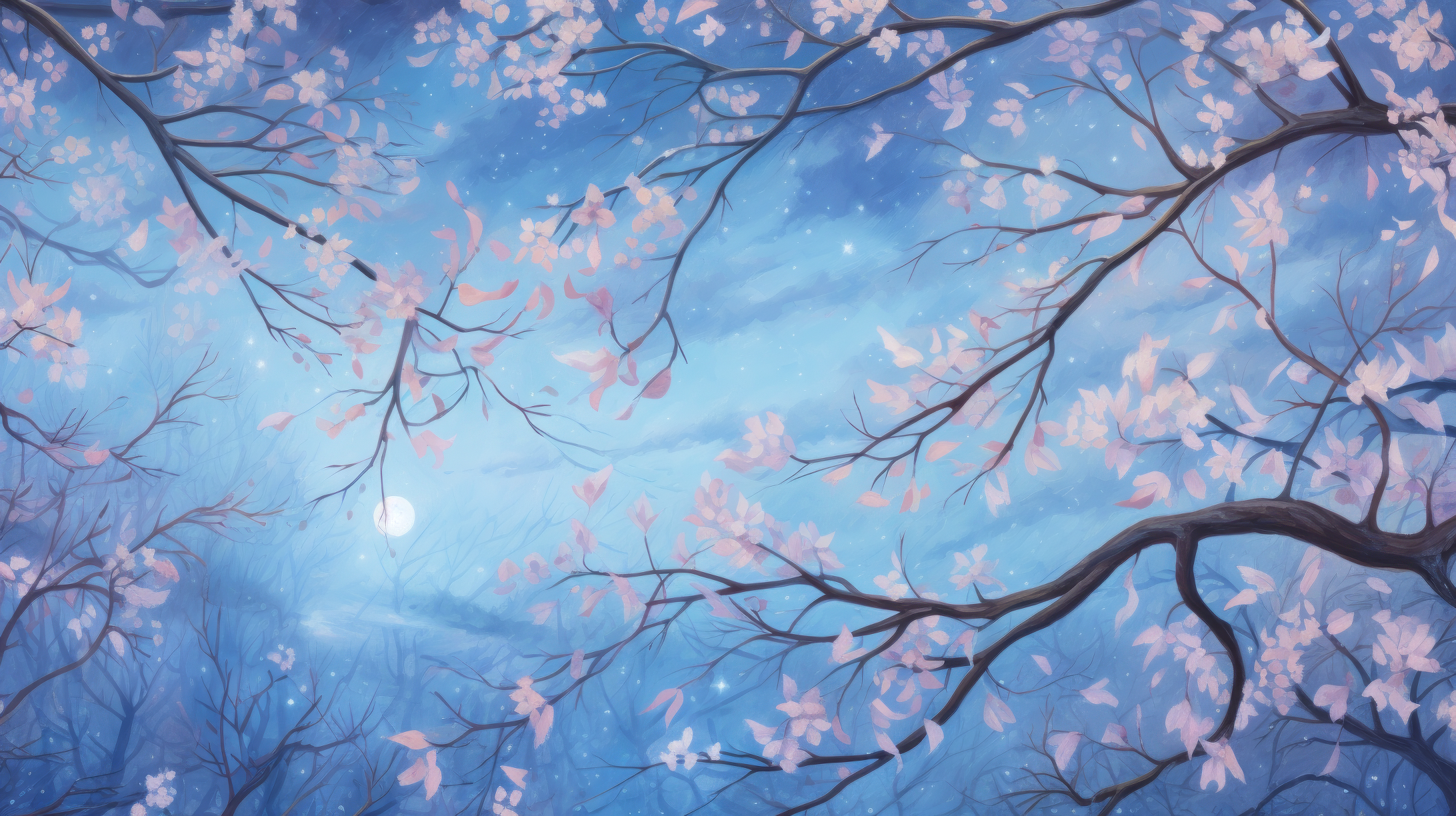 Kirschblüten, Nachthimmel, Äste, Blau, Malerei, 16:9, Full-HD-Hintergrundbild für den Desktop
