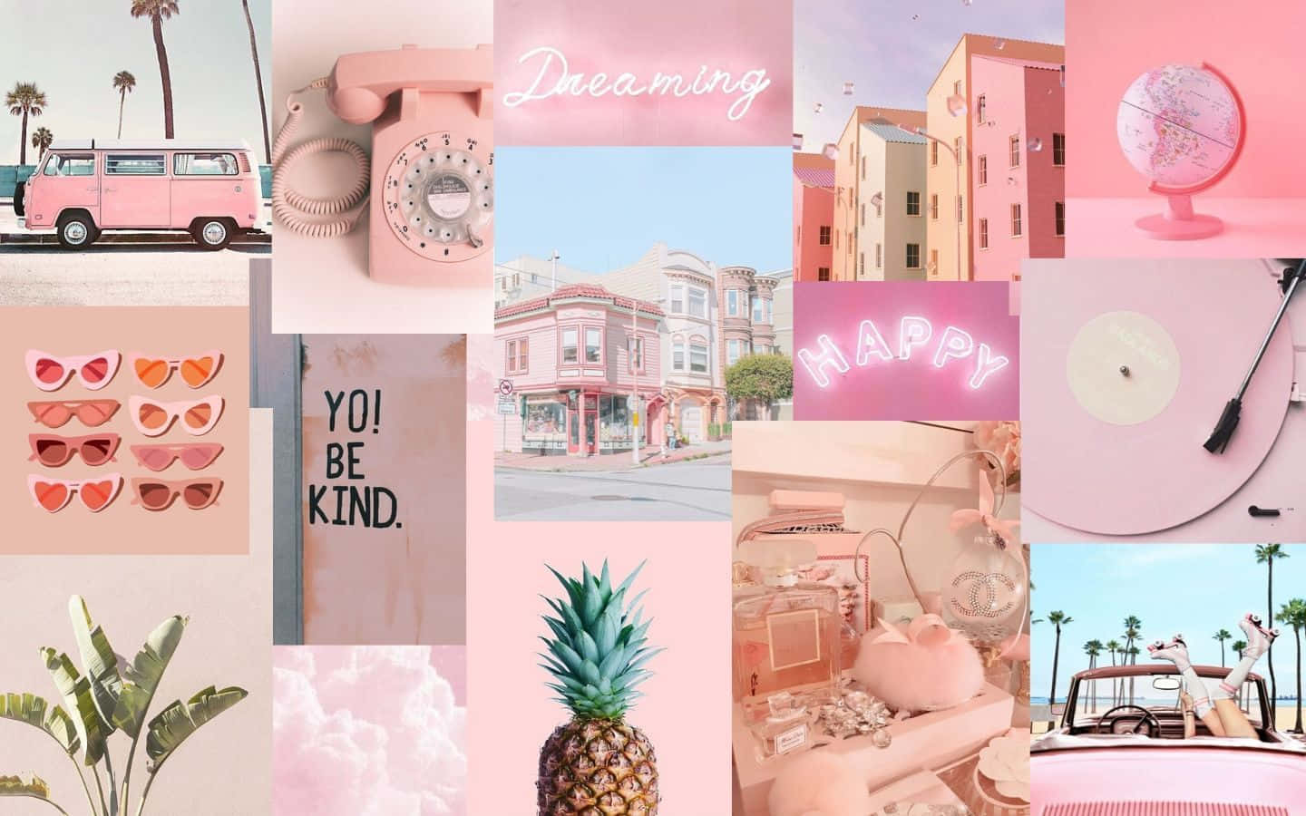 Collage, Yo! Be Kind, VW-Bus, Ananas, Pastellfarben, HD, Desktop-Hintergrund für Windows