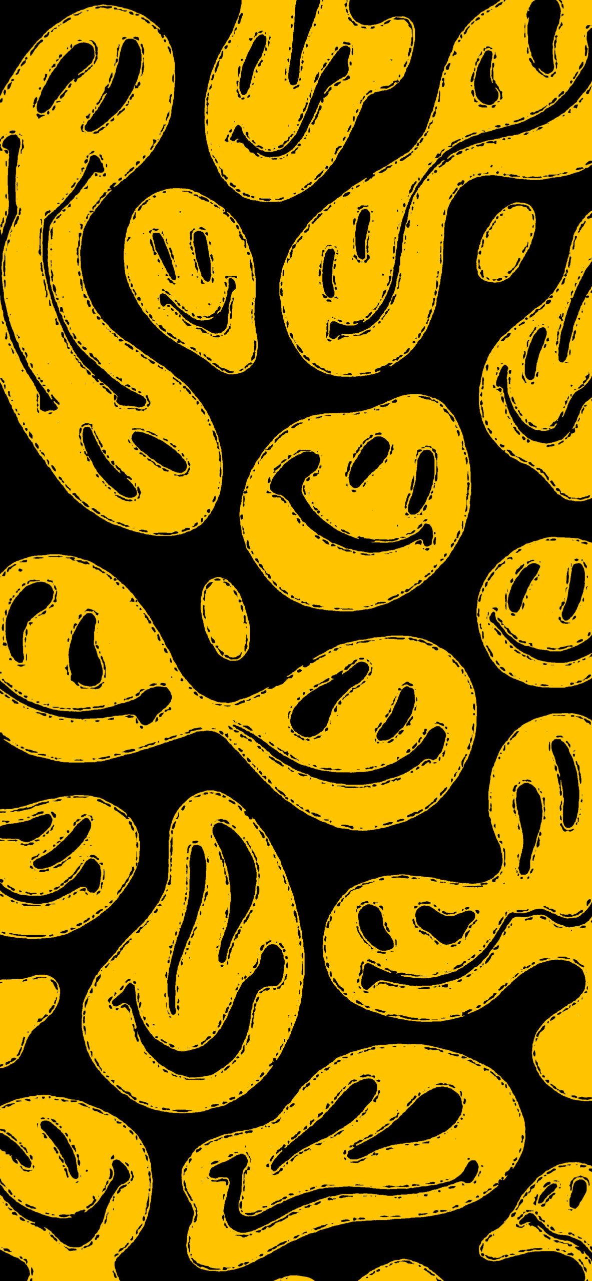 Verzerrte Smileys, Gelb, Schwarz, Trippy, Psychedelisch, Full HD, iPhone-Hintergrundbild