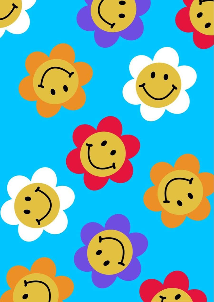 Smileys, Blumen, Hellblau, Retro, Muster, HD, Hintergrundbild fürs Tablet