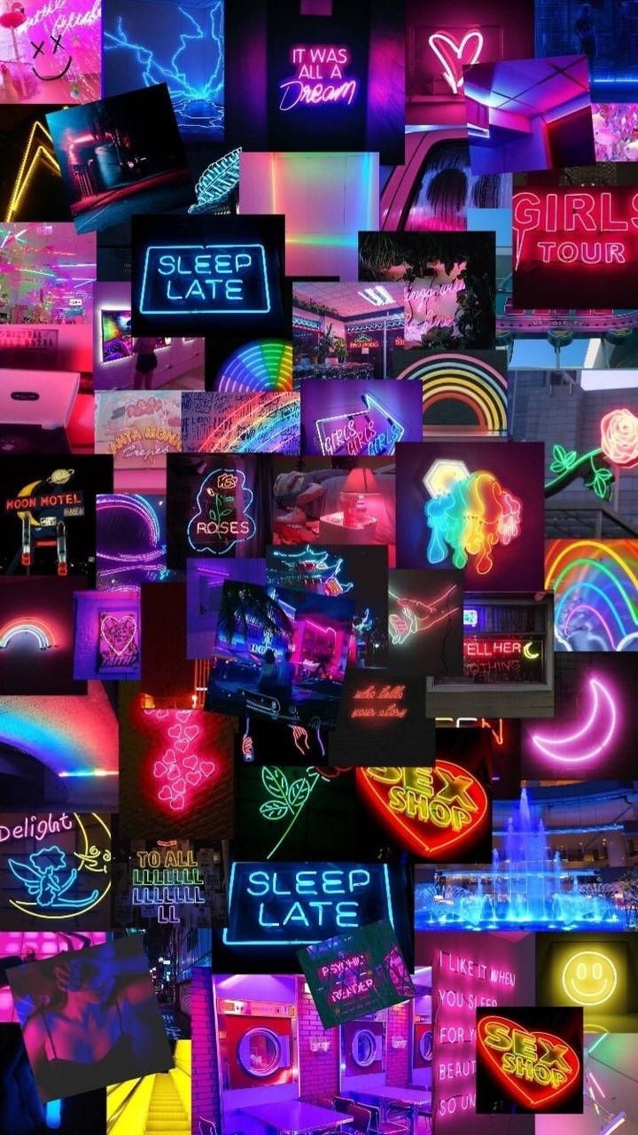 Collage, Neonschilder, Neon, Nachtleben, Hochformat, Hintergrundbild fürs Smartphone