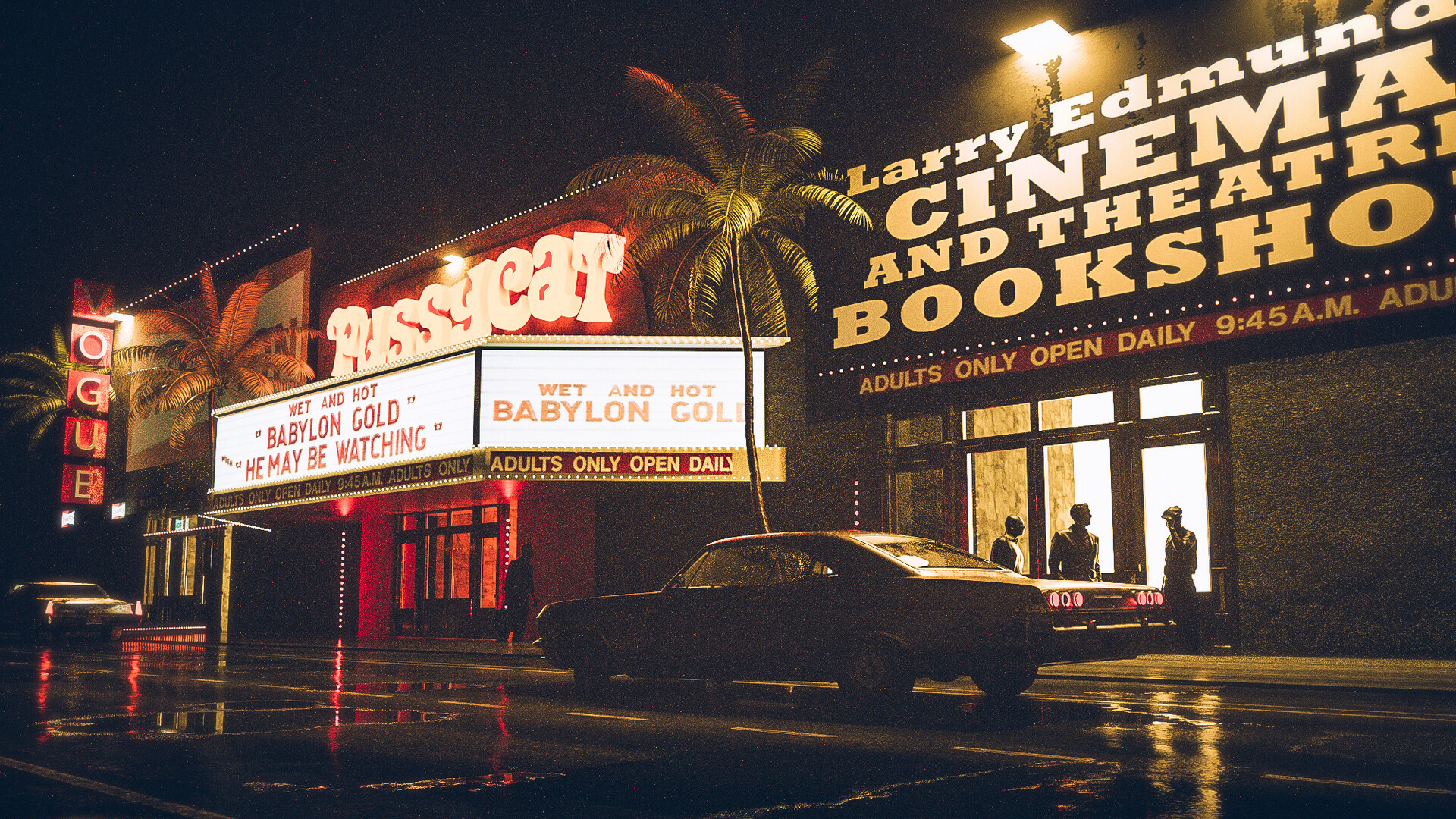 Once Upon a Time in Hollywood, Pussycat Theater, Larry Edmunds Bookshop, Neon, Nacht, Oldtimer, Full-HD-Hintergrundbild