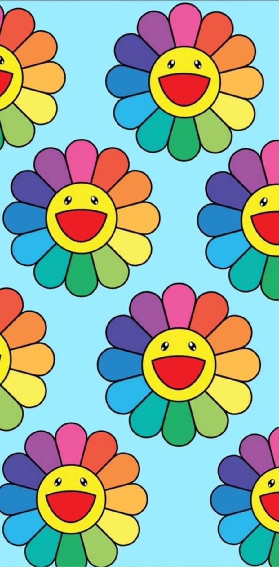 Takashi Murakami, Lächelnde Blumen, Regenbogenfarben, Hellblau, Pop-Art, HD, iPhone-Hintergrundbild