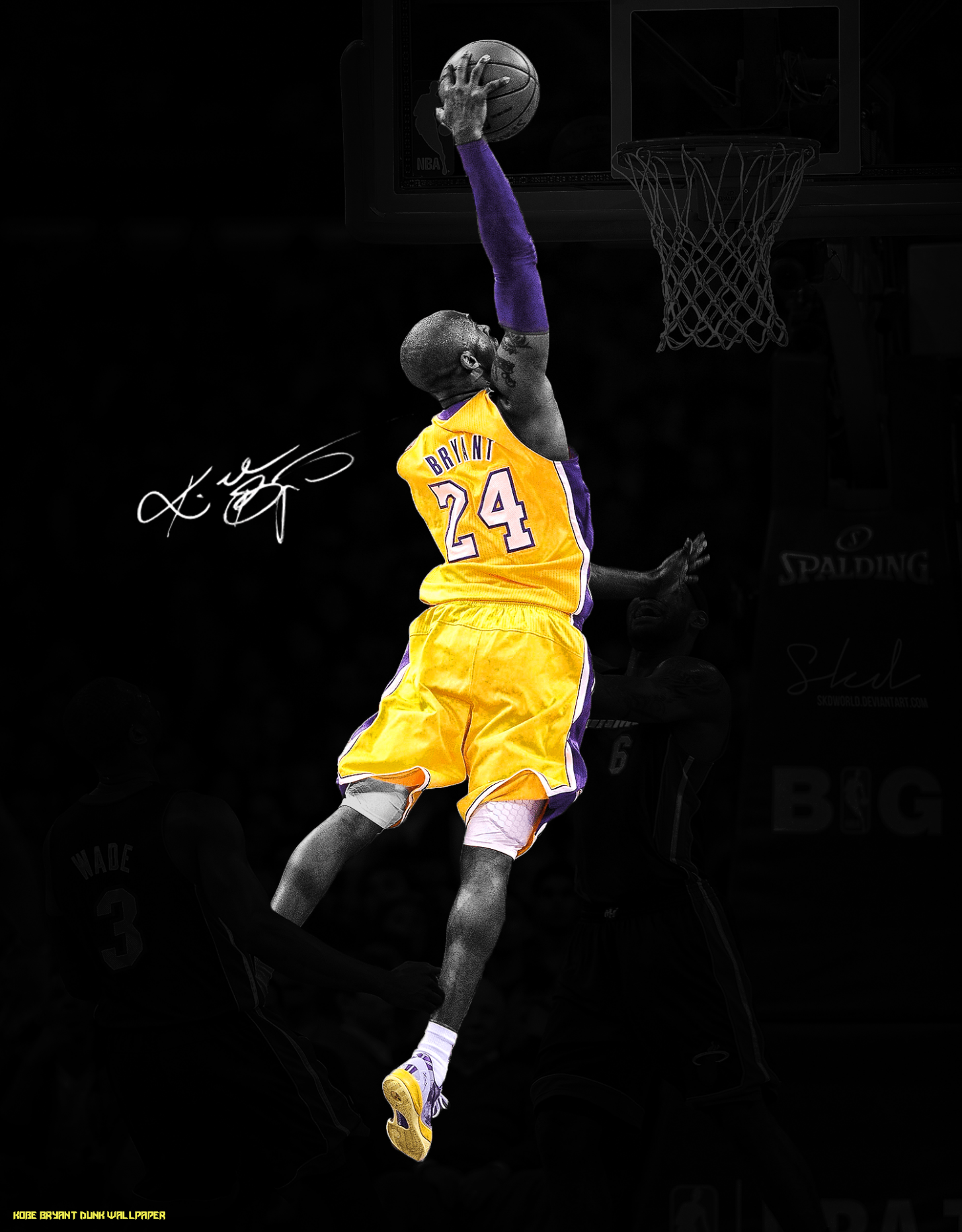 Kobe Bryant, Los Angeles Lakers, Dunk, Schwarzer Hintergrund, Autogramm, Basketballkorb, QHD+ Wallpaper