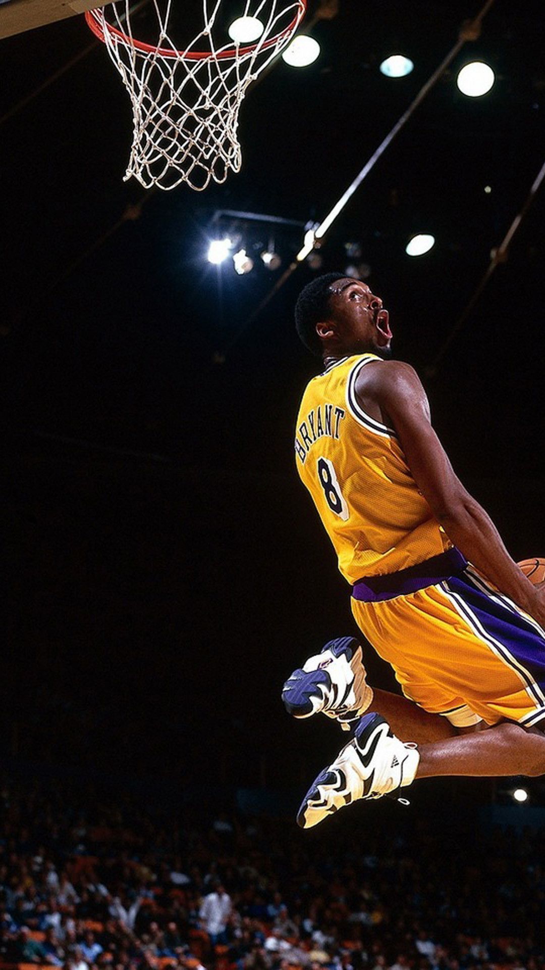 Kobe Bryant, Los Angeles Lakers, Dunk, Basketballkorb, Arena, Scheinwerfer, Full HD, Handy-Hintergrund