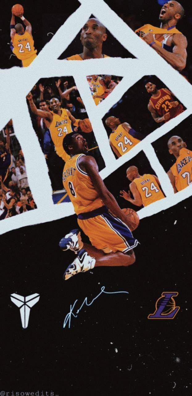 Kobe Bryant, Mamba-Logo, Los Angeles Lakers, Collage, Autogramm, Schwarzweiß, Handy-Hintergrundbild