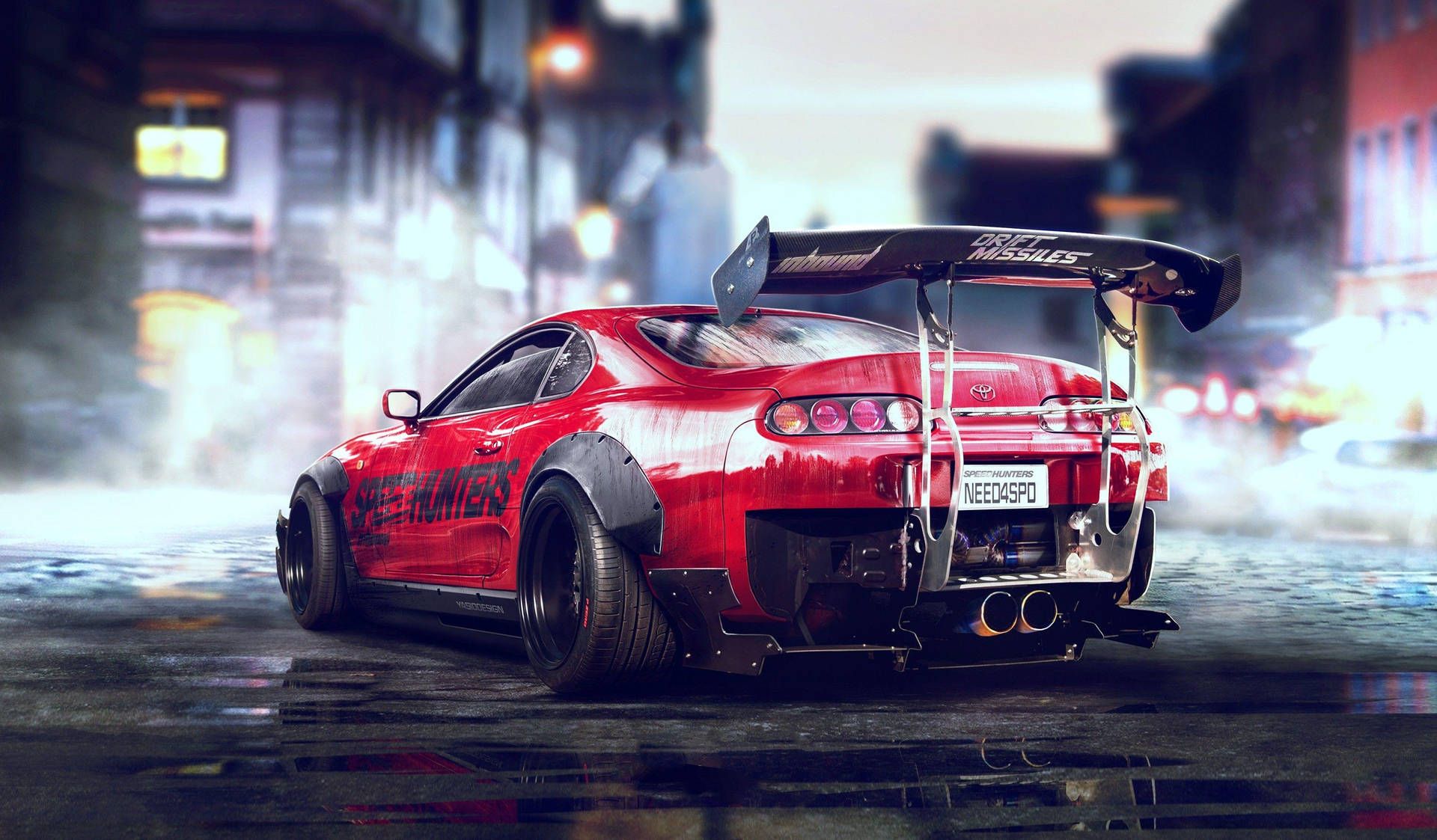 Toyota Supra MK4, Rot, Widebody, Heckflügel, Digitale Kunst, Full HD, Laptop-Hintergrundbild