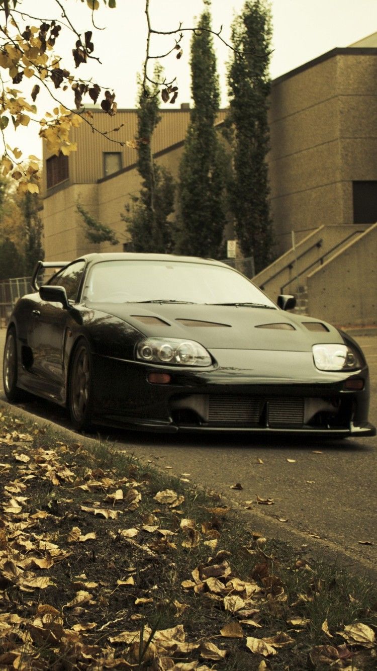 Toyota Supra MK4, Schwarz, Herbstlaub, Straße, HD, Sperrbildschirm fürs iPhone