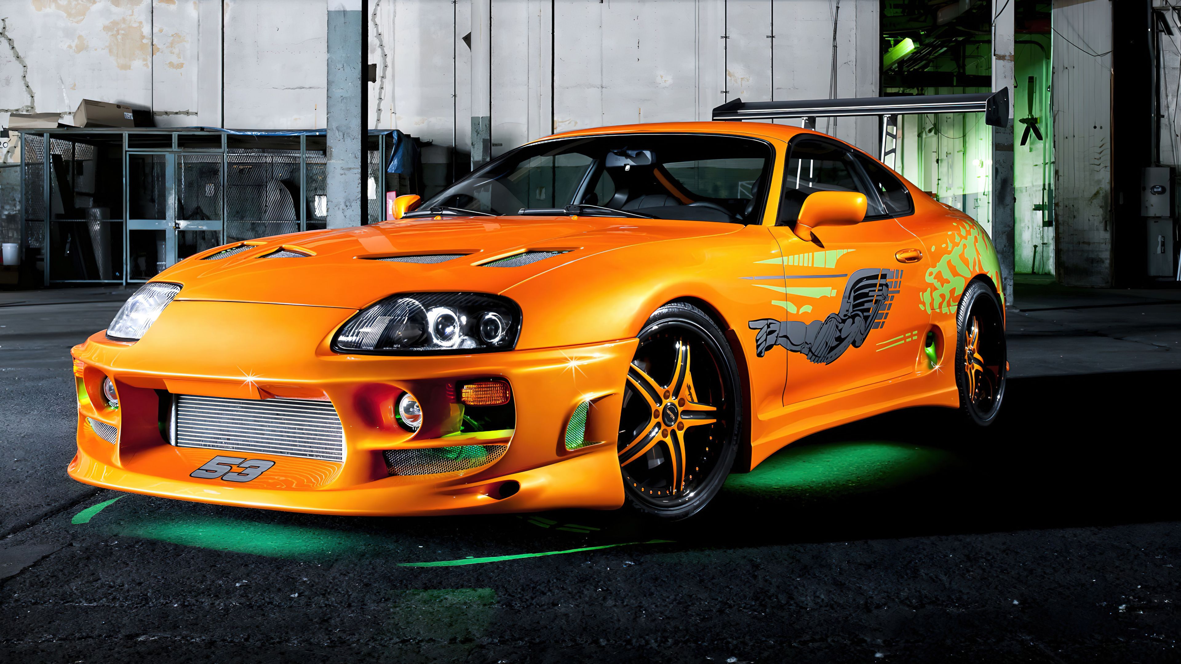 Toyota Supra MK4, The Fast and the Furious, Orange, Unterbodenbeleuchtung, Lagerhalle, 4K-Hintergrund