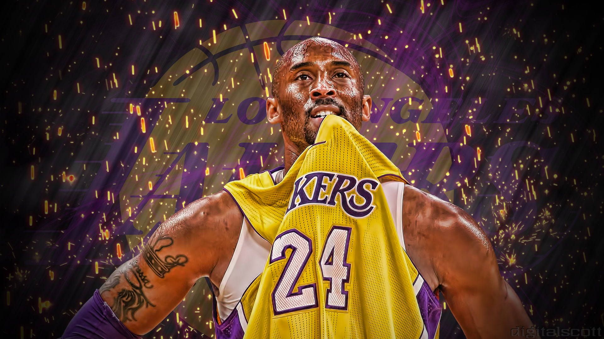 Kobe Bryant, Los Angeles Lakers, Nummer 24, Trikot im Mund, Lila, Funken, Full HD, PC-Hintergrundbild
