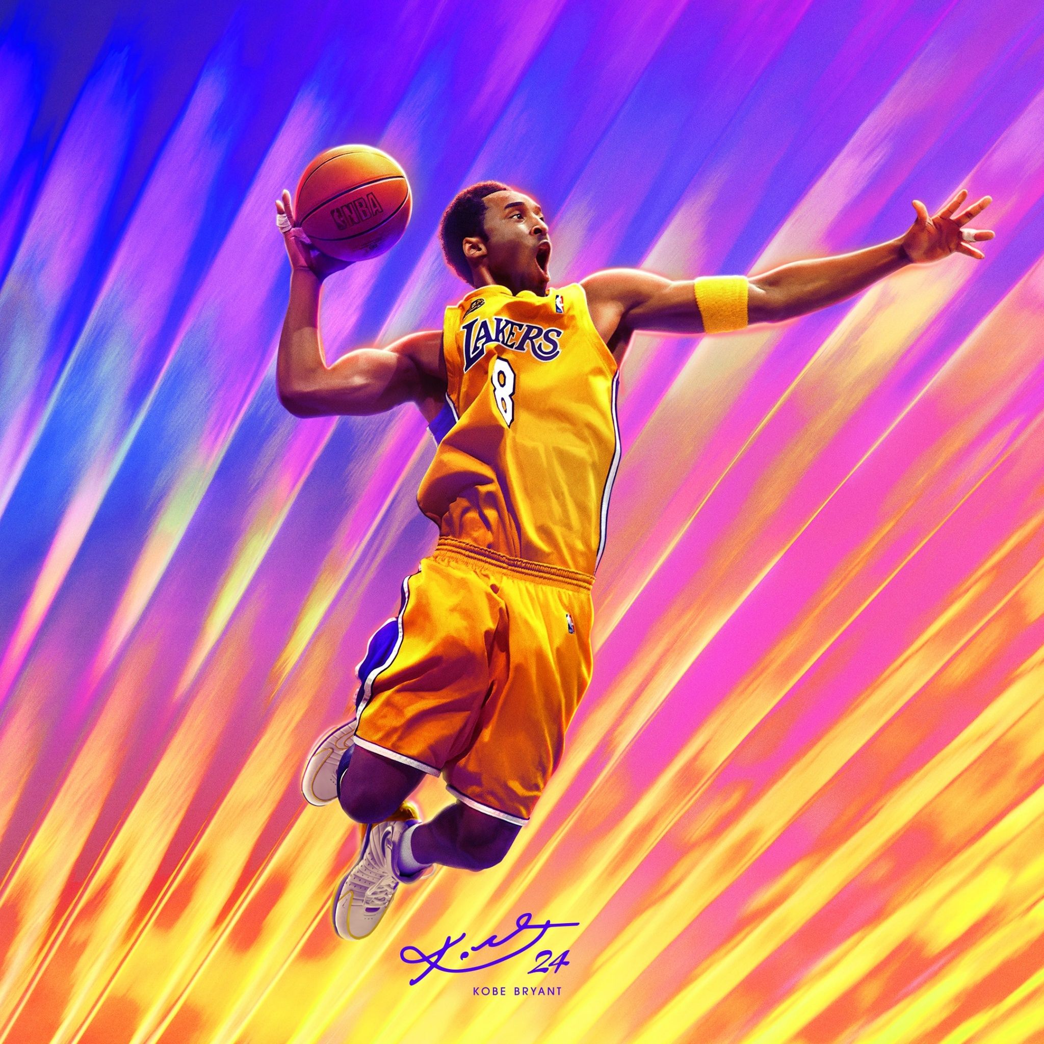 Kobe Bryant, Los Angeles Lakers, Dunk, Digitale Kunst, Bunte Strahlen, Lila und Orange, Tablet-Hintergrundbild
