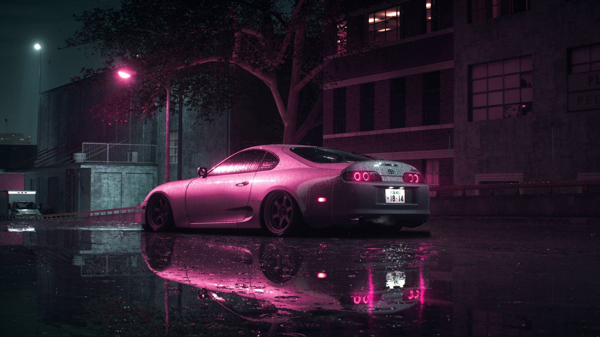 Toyota Supra MK4, Pink, Nacht, Spiegelung, Neonlicht, Full HD, Desktop-Hintergrund für Windows