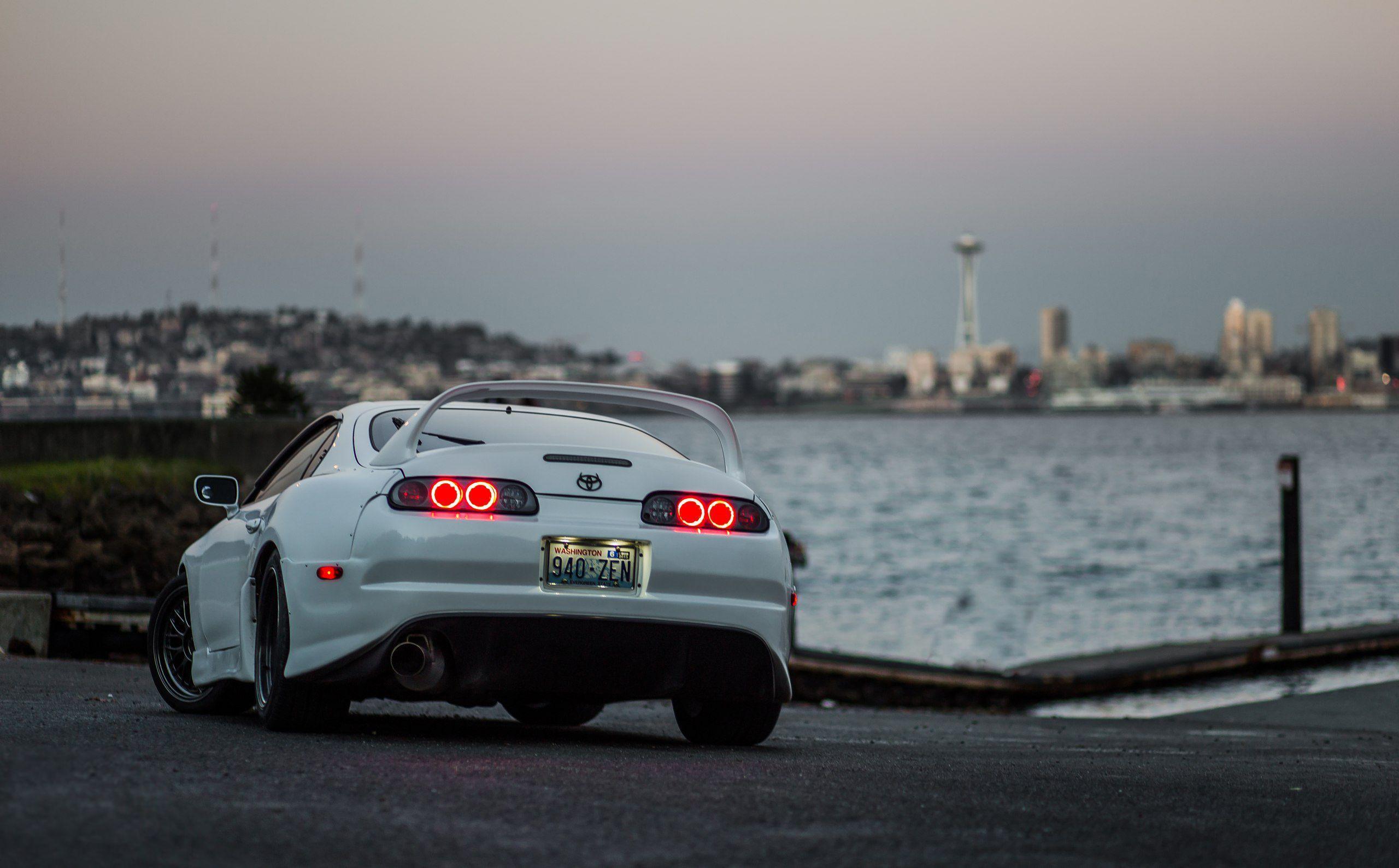Toyota Supra MK4, Seattle, Space Needle, Skyline, Weiß, 2K, Hintergrundbild für den PC