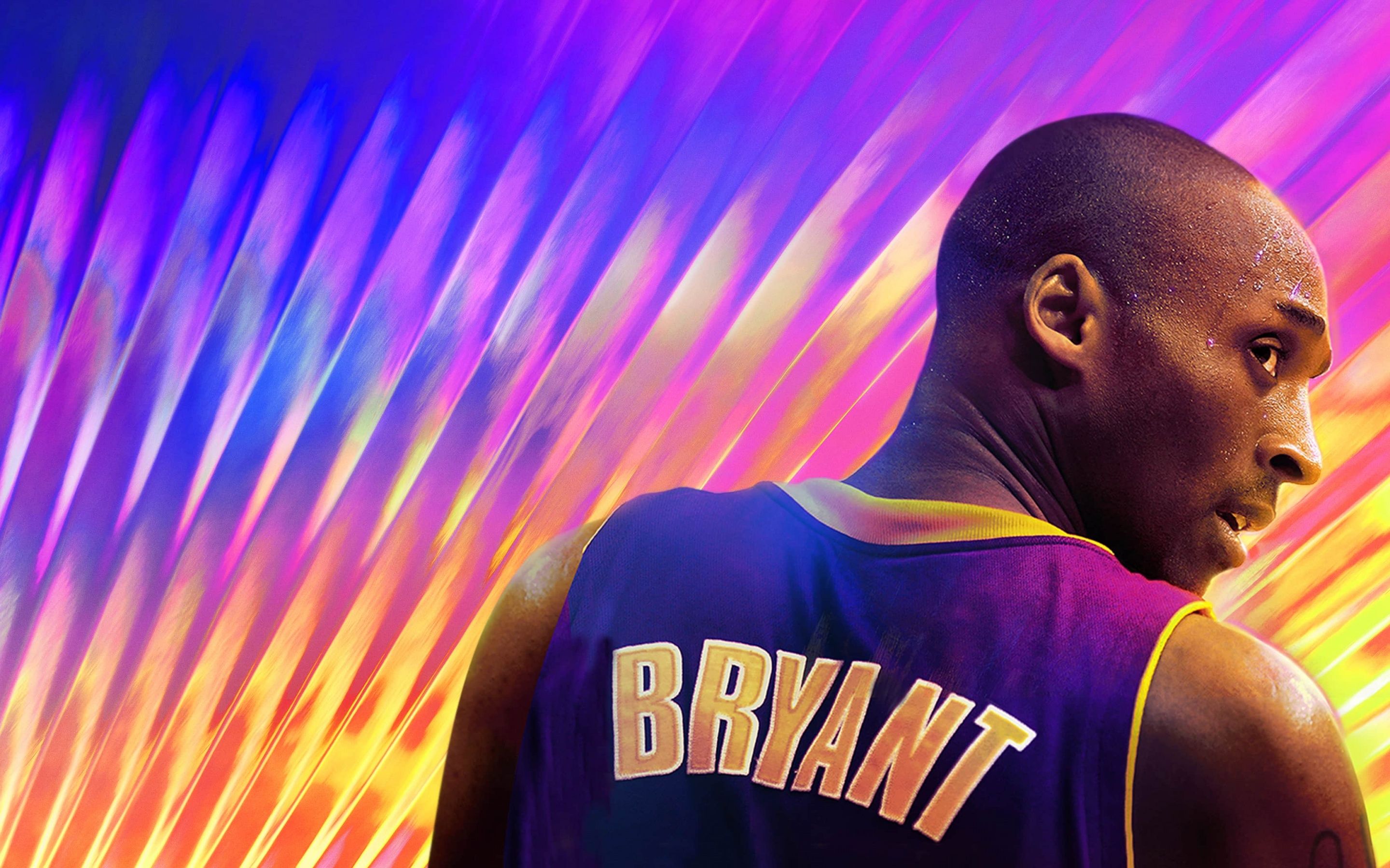 Kobe Bryant, Los Angeles Lakers, NBA 2K24, Digitale Kunst, Bunte Strahlen, Lila und Gelb, 2K-PC-Hintergrundbild