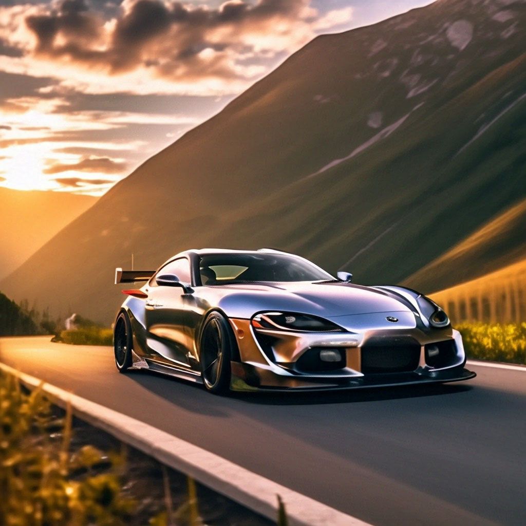 Toyota Supra, Chrom, Bergstraße, Sonnenuntergang, Digitale Kunst, Hintergrundbild fürs Tablet