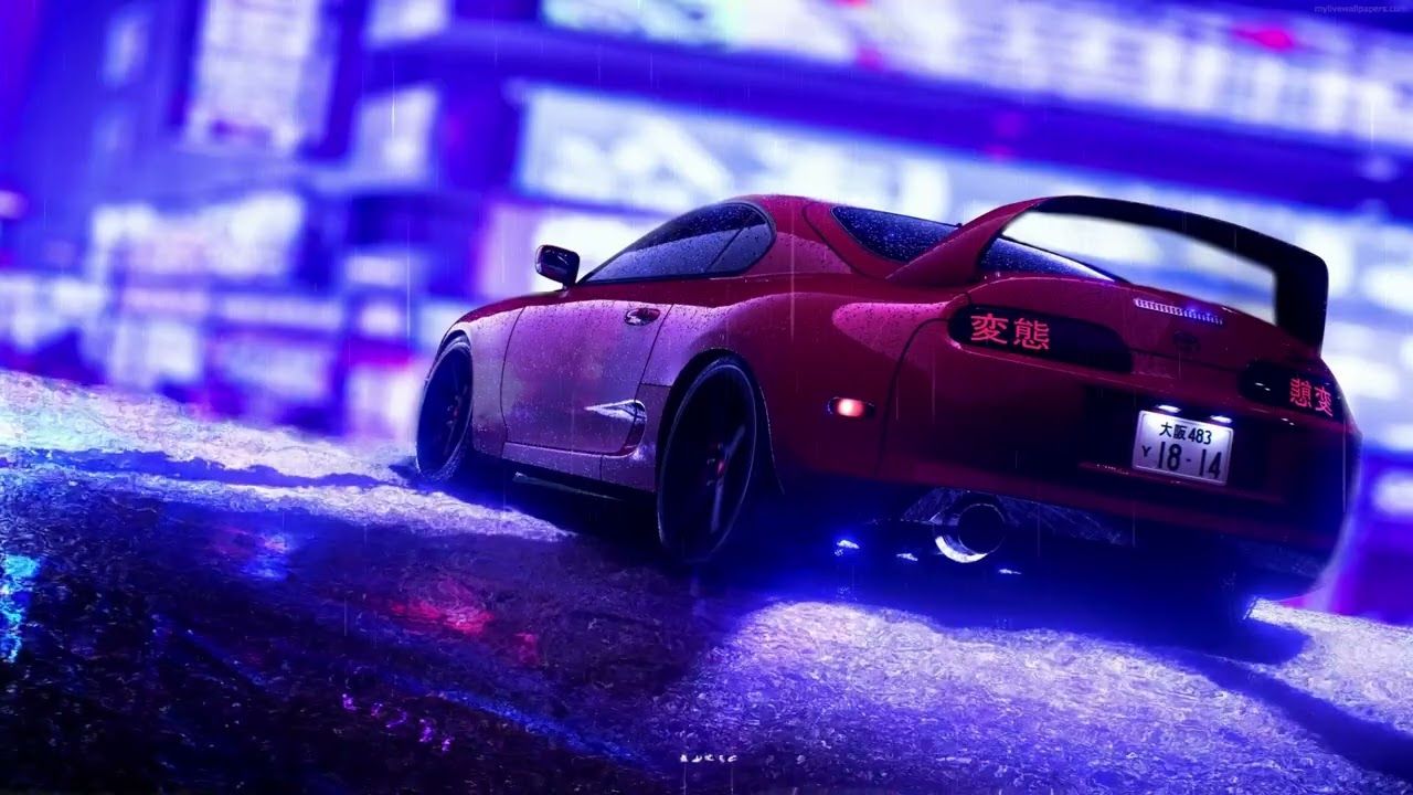 Toyota Supra MK4, Rot, Neonlicht, Heckspoiler, Nacht, 16:9, HD-Hintergrundbild für den Desktop