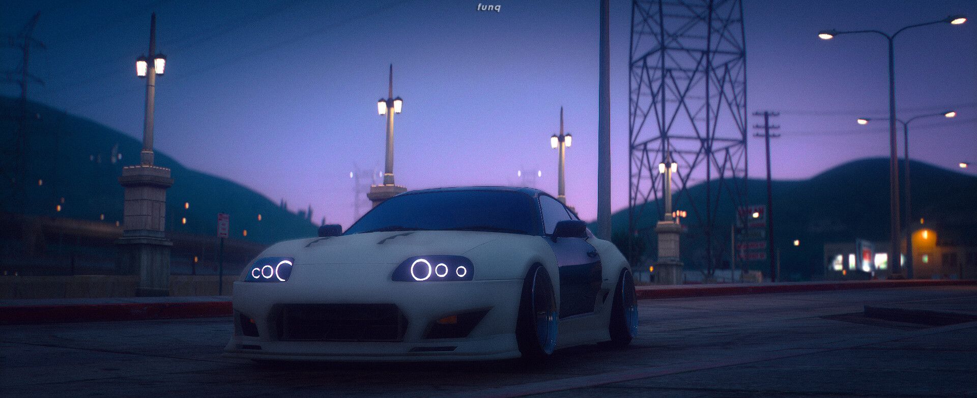 Toyota Supra MK4, Weiß, Dämmerung, Straßenlaternen, Lila Himmel, Full-HD-Hintergrundbild für PC