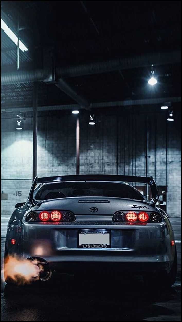Toyota Supra MK4, Silber, Auspufffeuer, Parkhaus, Rücklichter, Hintergrundbild fürs Handy