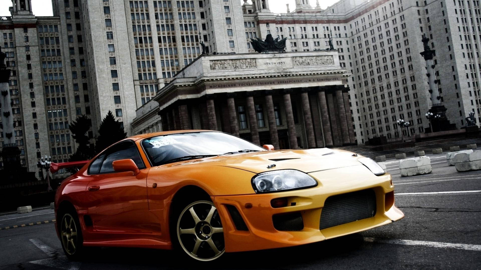 Toyota Supra MK4, Orange, Moskau, Stalinistische Architektur, Hochhäuser, 1920x1080, Desktop-Hintergrund