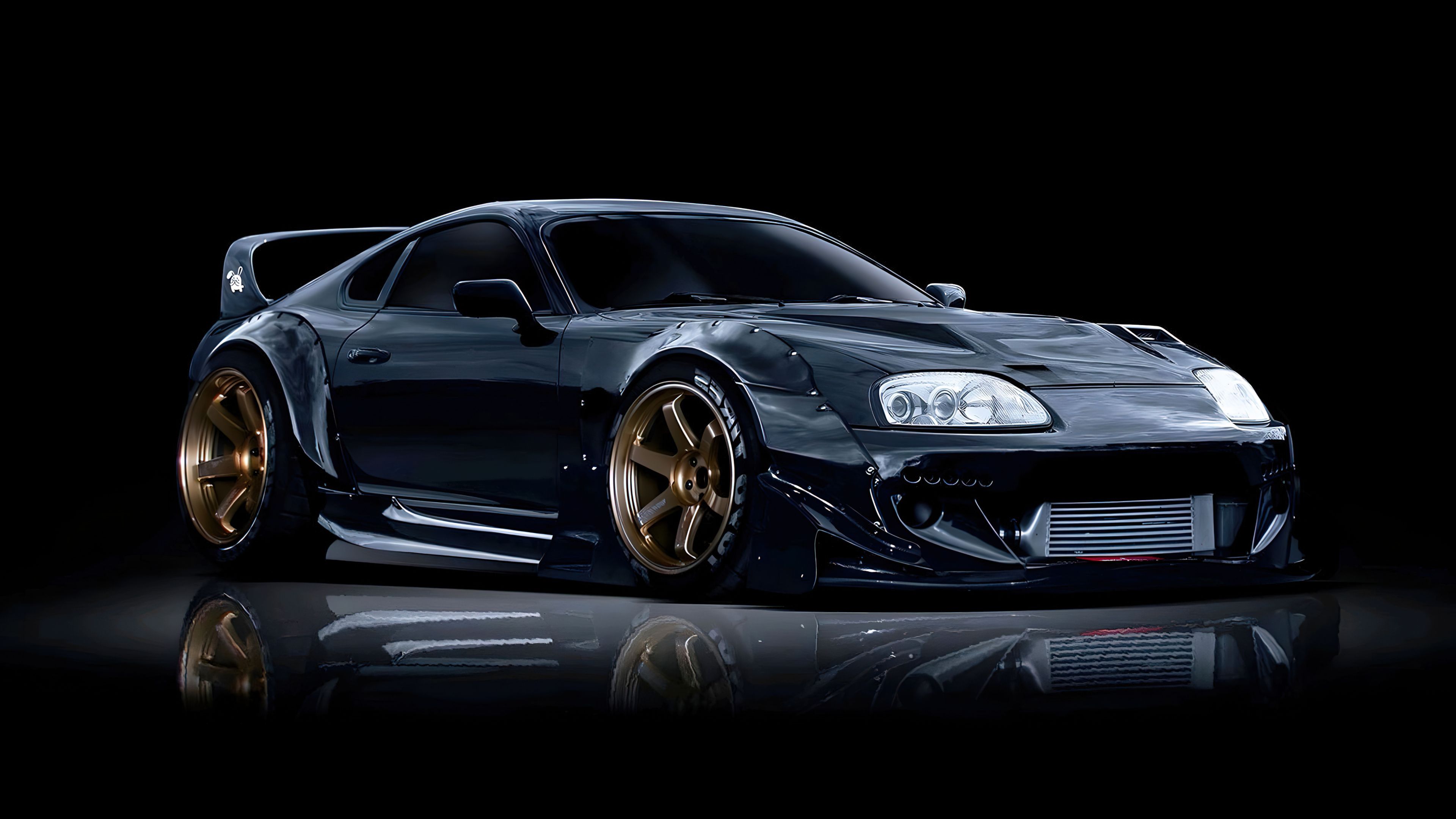 Toyota Supra MK4, Schwarz, Widebody, Goldene Felgen, Schwarzer Hintergrund, 4K Wallpaper