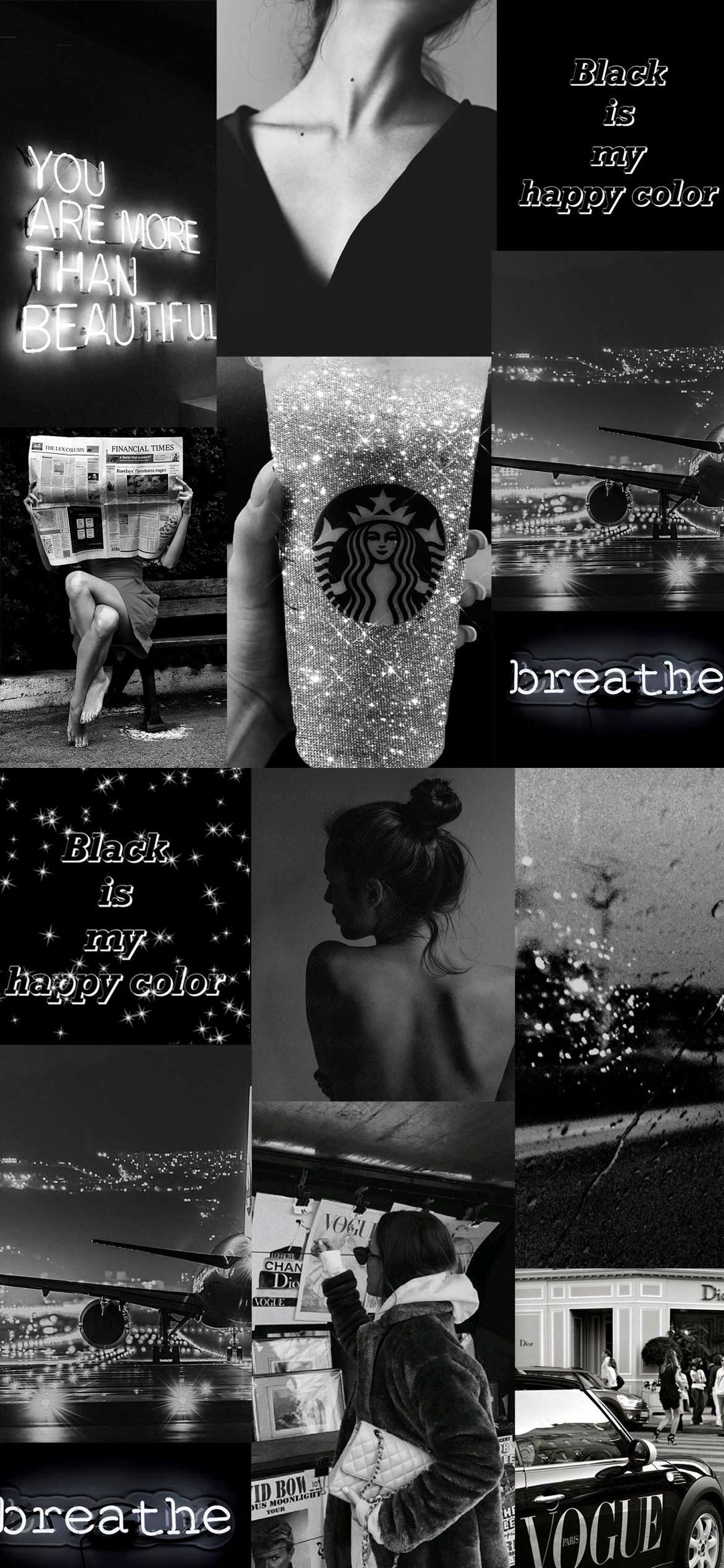 Collage, Schwarz-Weiß, Starbucks, Breathe, Zitate, Full HD, Hintergrundbild fürs Handy