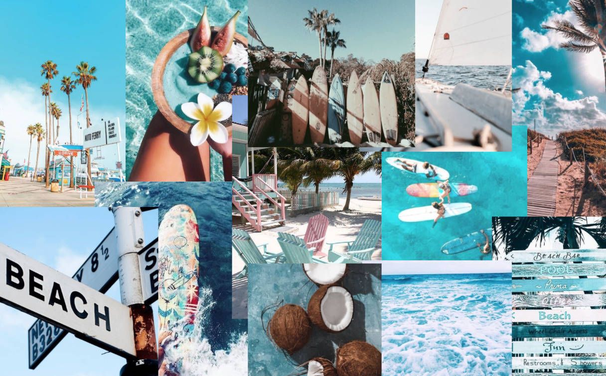 Collage, Strandschild, Palmen, Kokosnuss, Türkis, Hintergrund