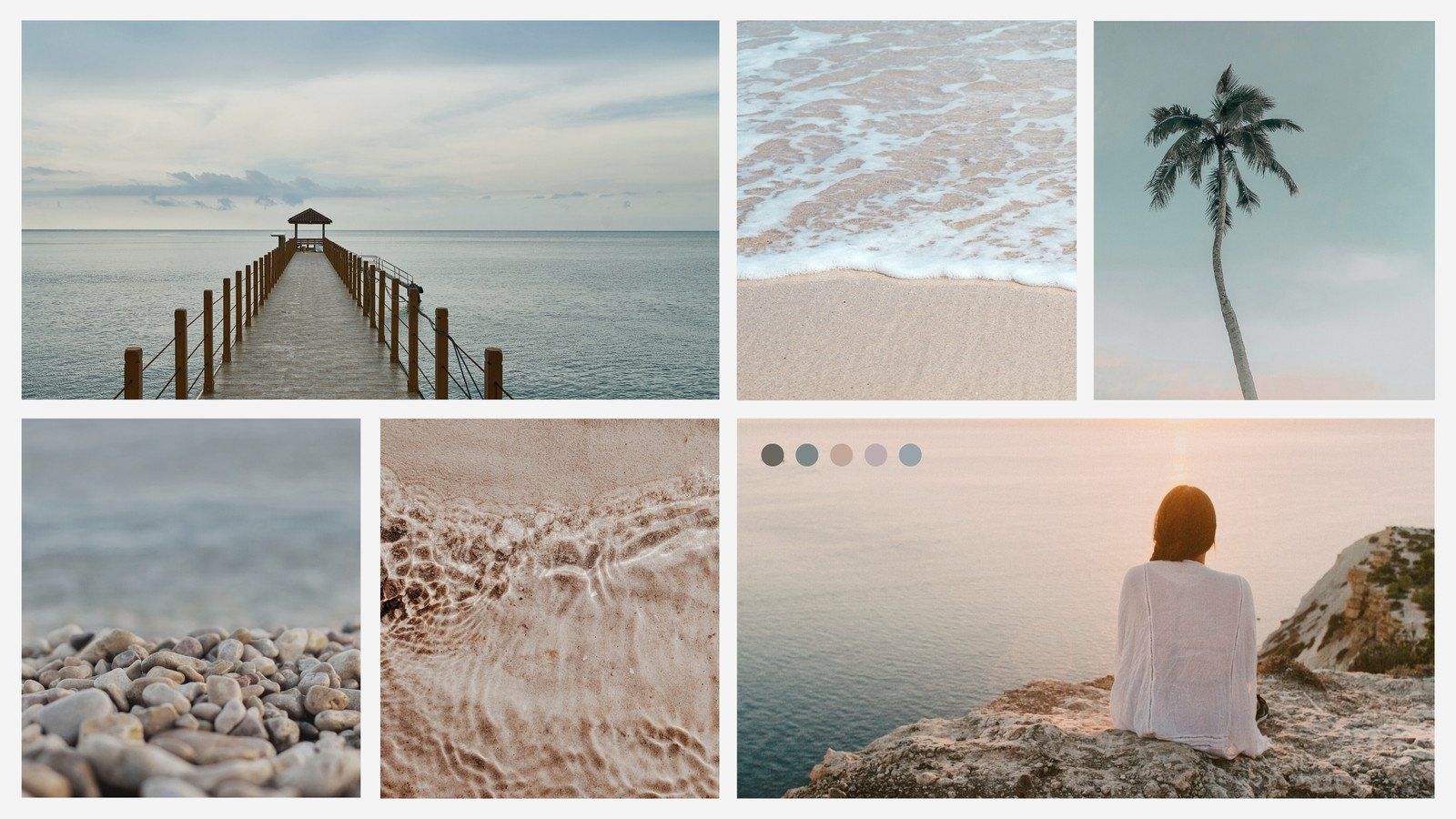 Collage, Steg, Palme, Kieselstrand, Beige, HD, Hintergrundbild für den PC