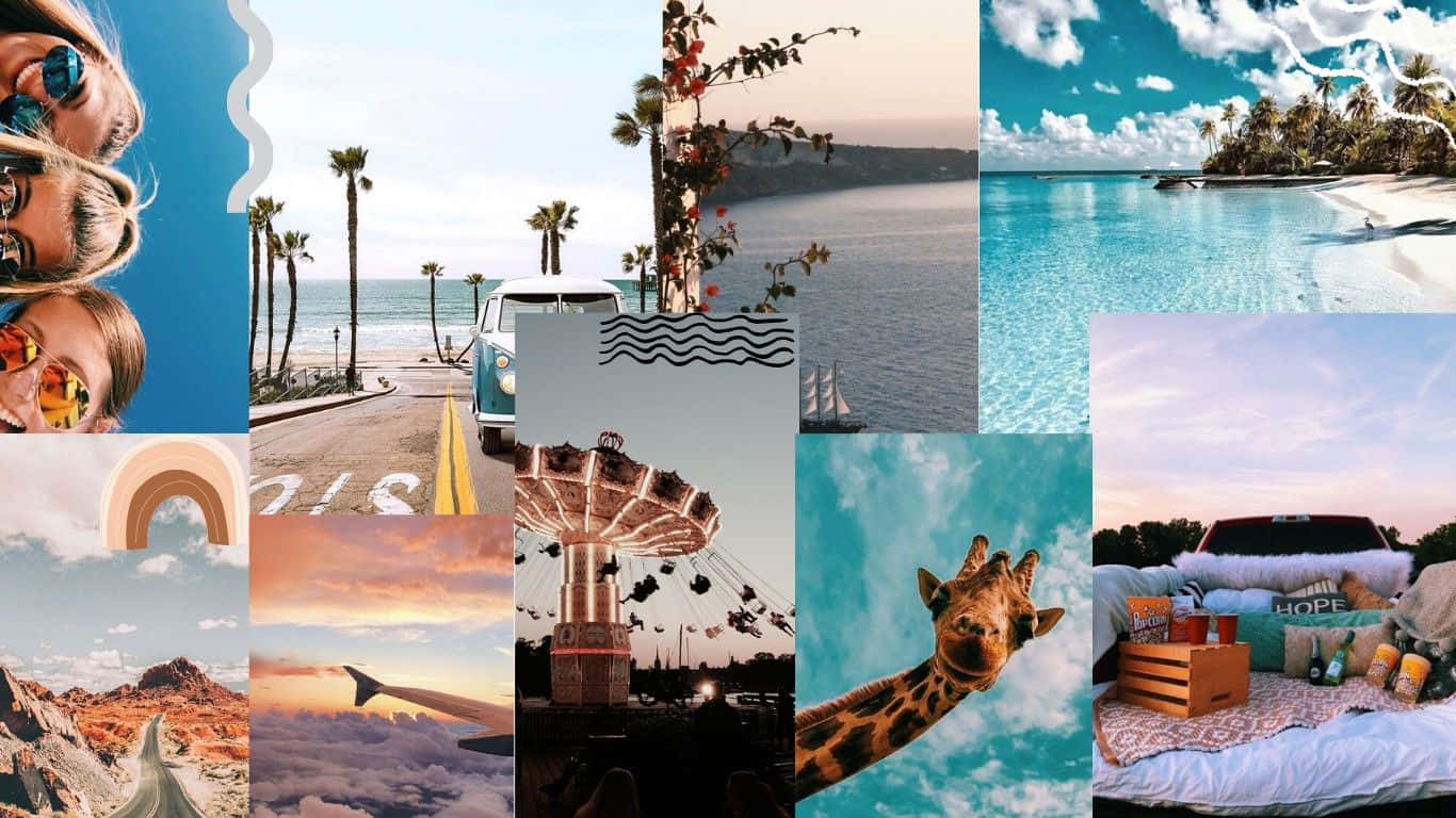 Collage, Giraffe, Kettenkarussell, Lagune, Palmen, HD, Hintergrund für den Desktop