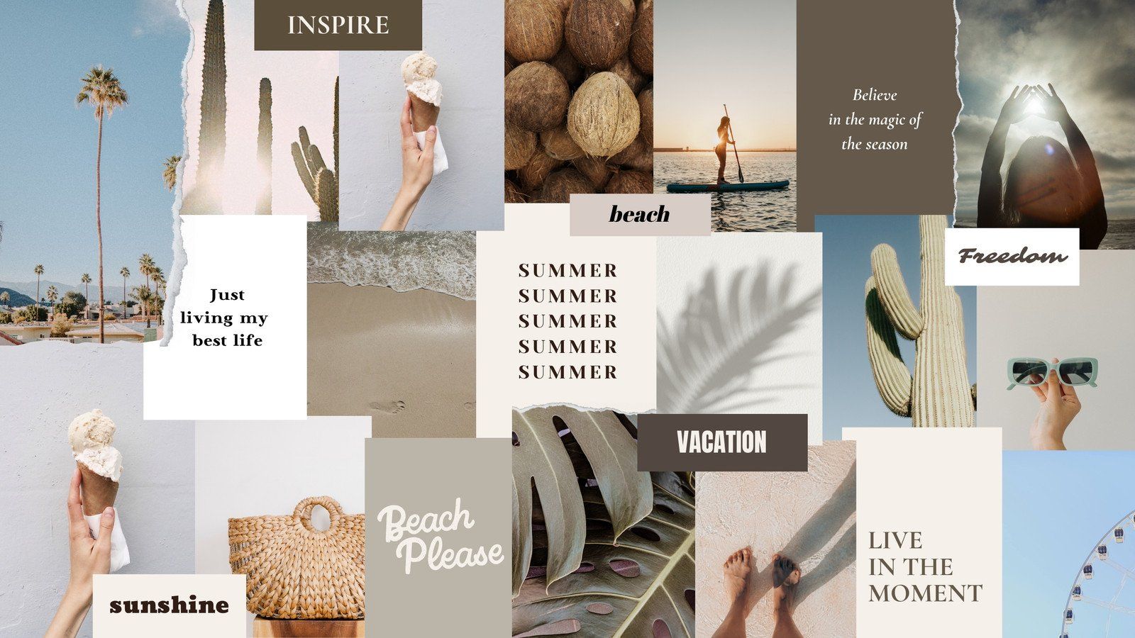 Collage, Urlaub, Strandtasche, Kokosnüsse, Beige, Schriftzug, HD, Laptop-Hintergrundbild