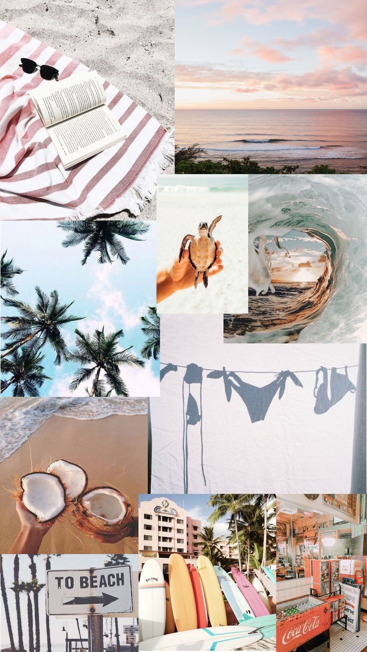 Collage, Strand, Palmen, Muscheln, Pastellfarben, HD, Sperrbildschirm fürs iPhone