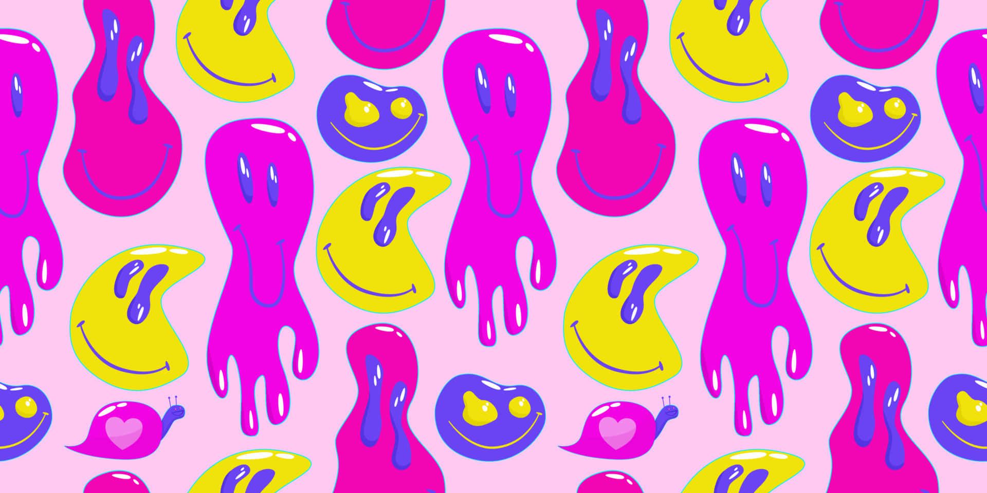 Zerlaufende Smileys, Herzaugen, Neonpink, Gelb, Psychedelisch, Full HD, Laptop-Hintergrundbild