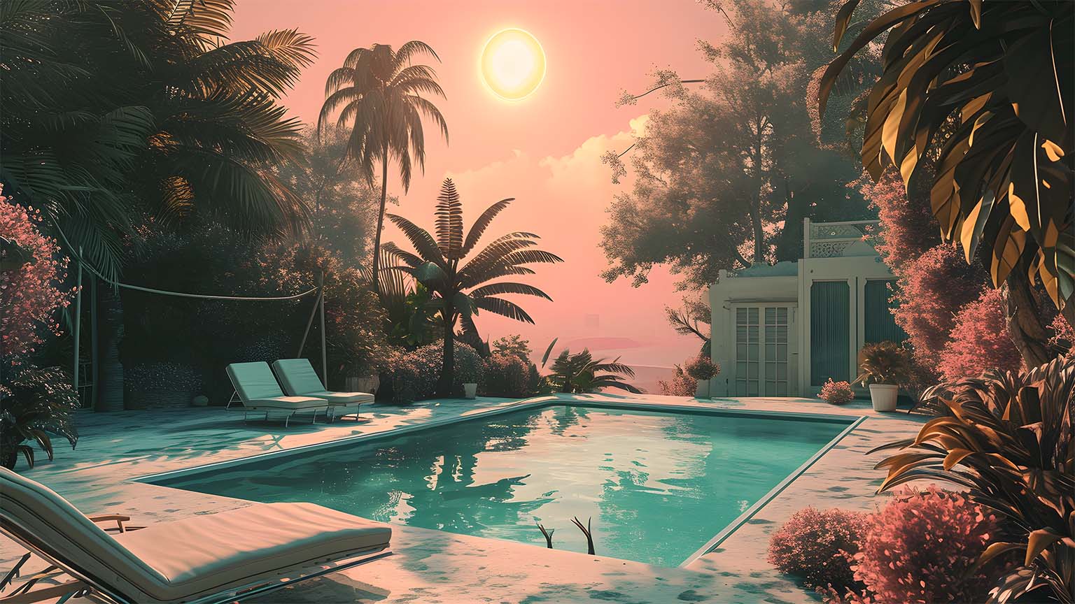Pool, Palmen, Villa, Sonnenuntergang, Digitale Kunst, HD, Desktop-Hintergrund für Windows