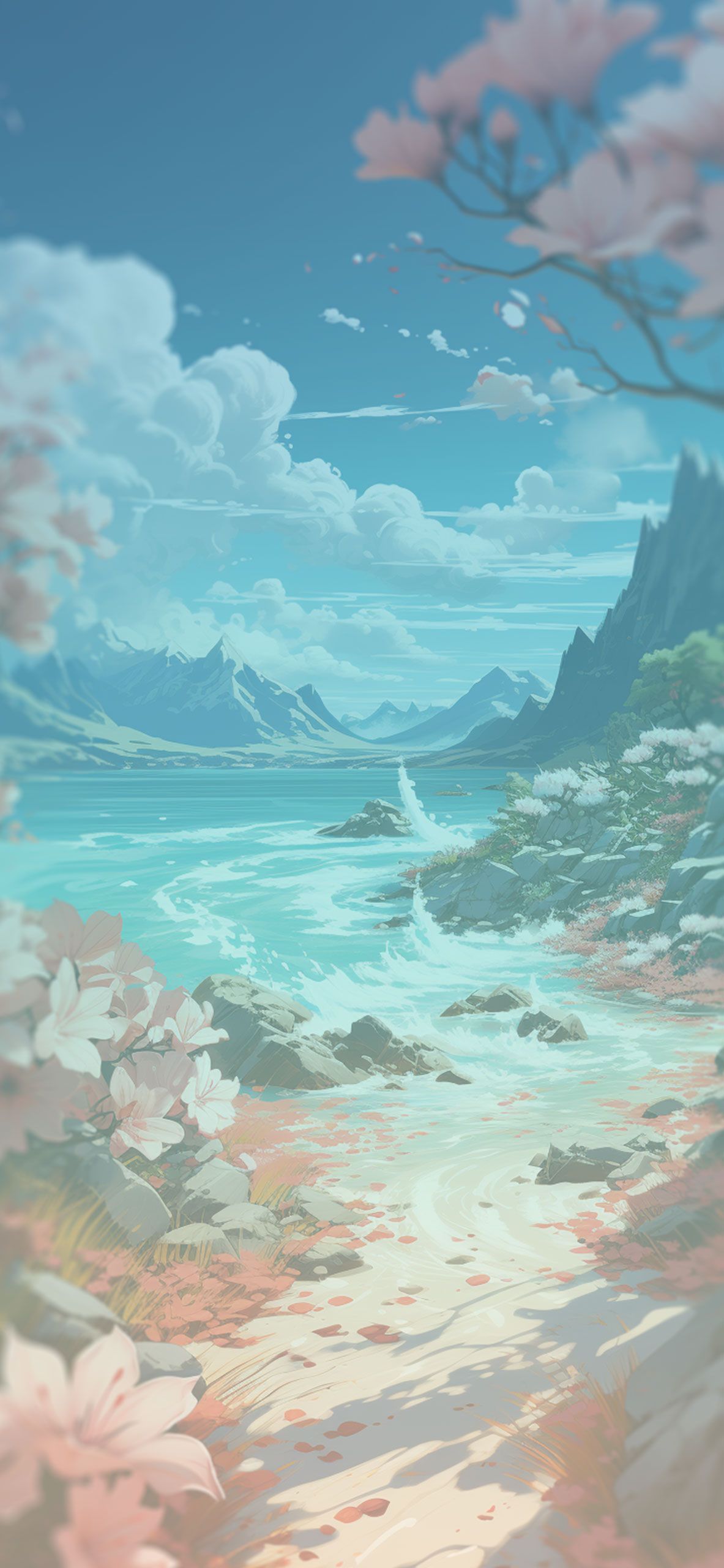 Meer, Anime-Stil, Wolken, Kirschblüten, Türkis, Full HD, Hintergrundbild fürs Handy