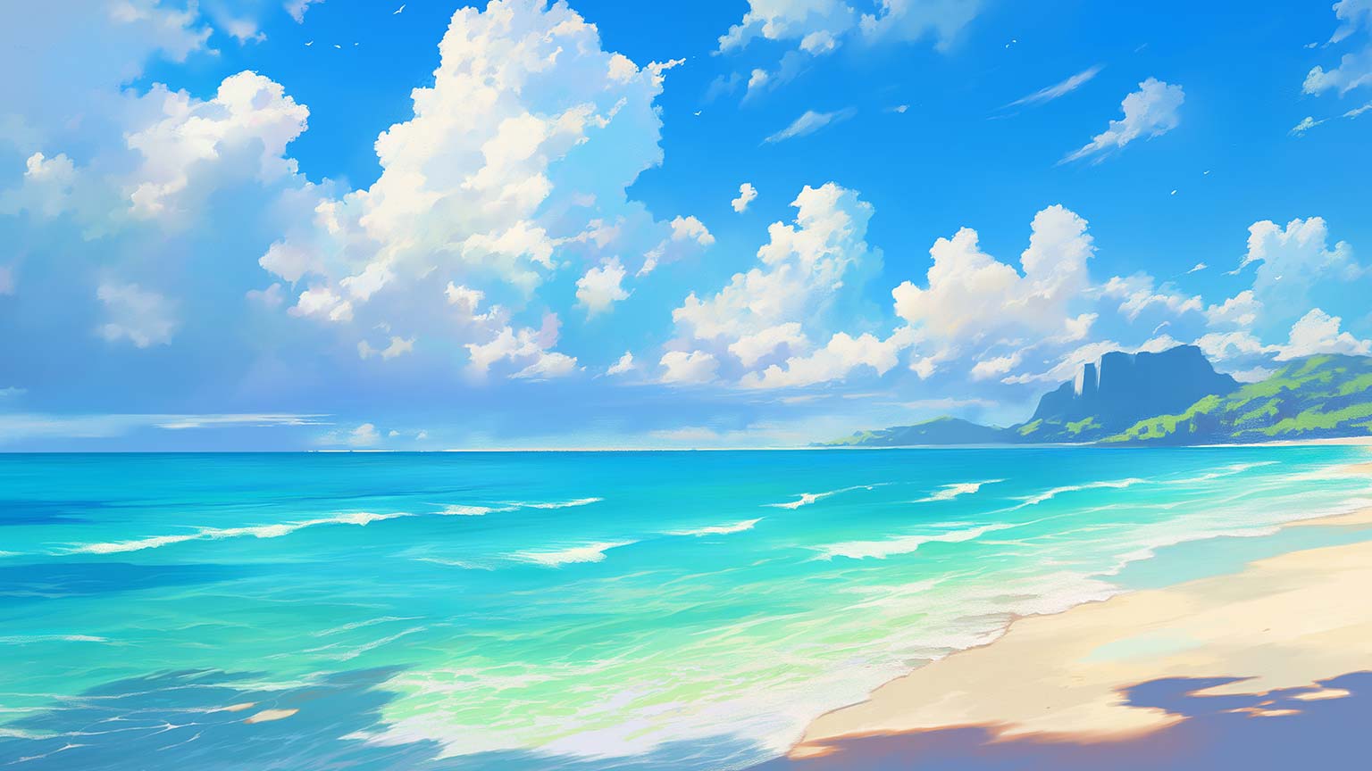 Strand, Meer, Wolken, Anime-Stil, Türkis, 16:9, HD-Hintergrundbild für den Desktop