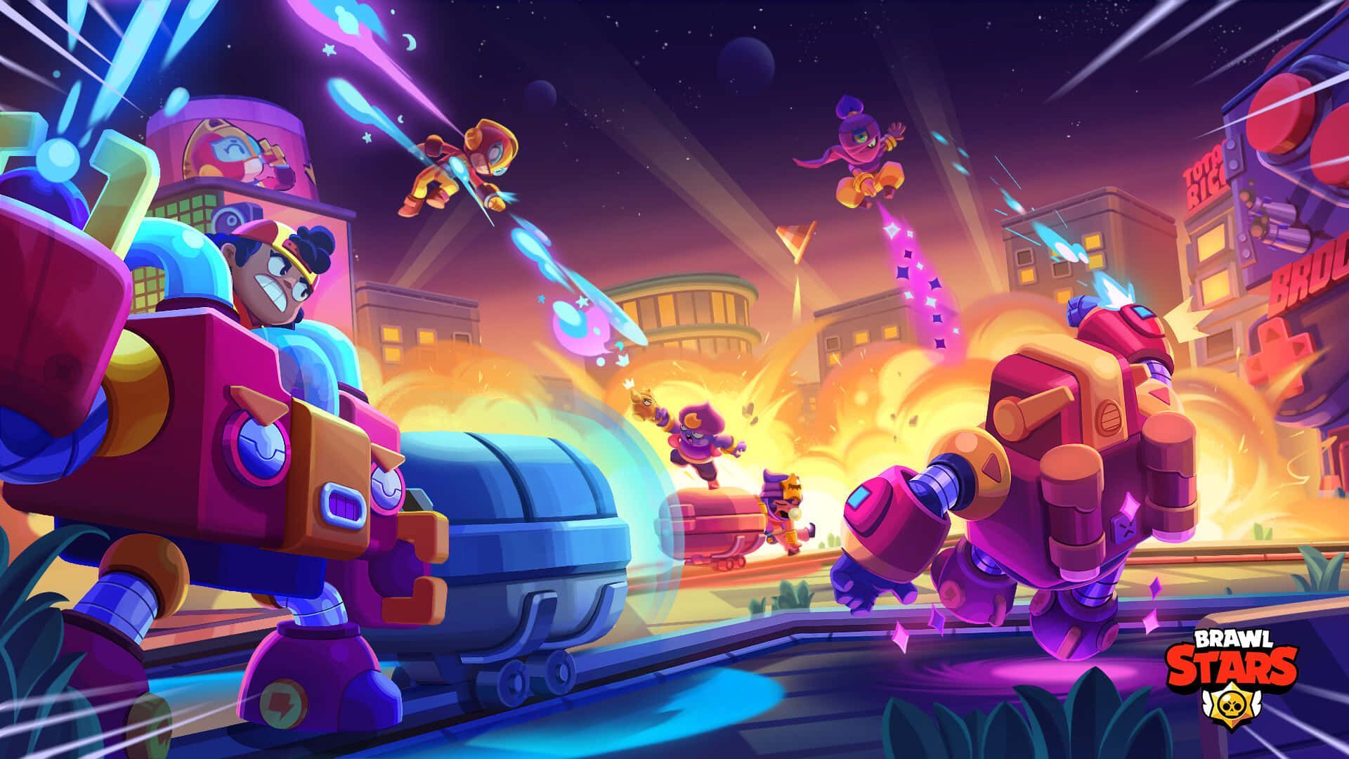 Brawl Stars, Roboter, Kampfszene, Neonfarben, Full HD, Desktop-Hintergrund für Windows