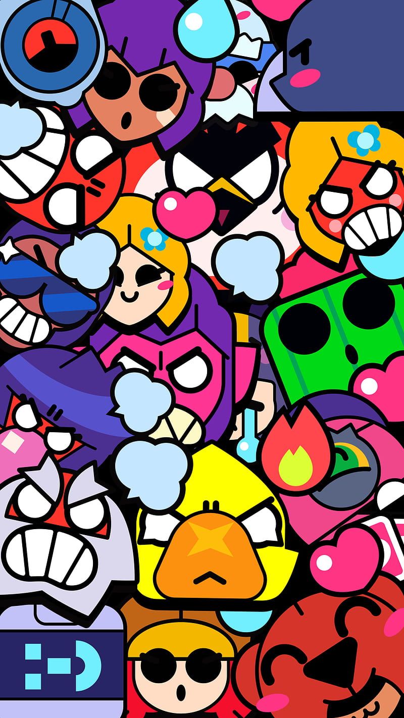 Brawl Stars, Pins, Emotes, Collage, Bunt, HD, Handy-Hintergrund im Hochformat