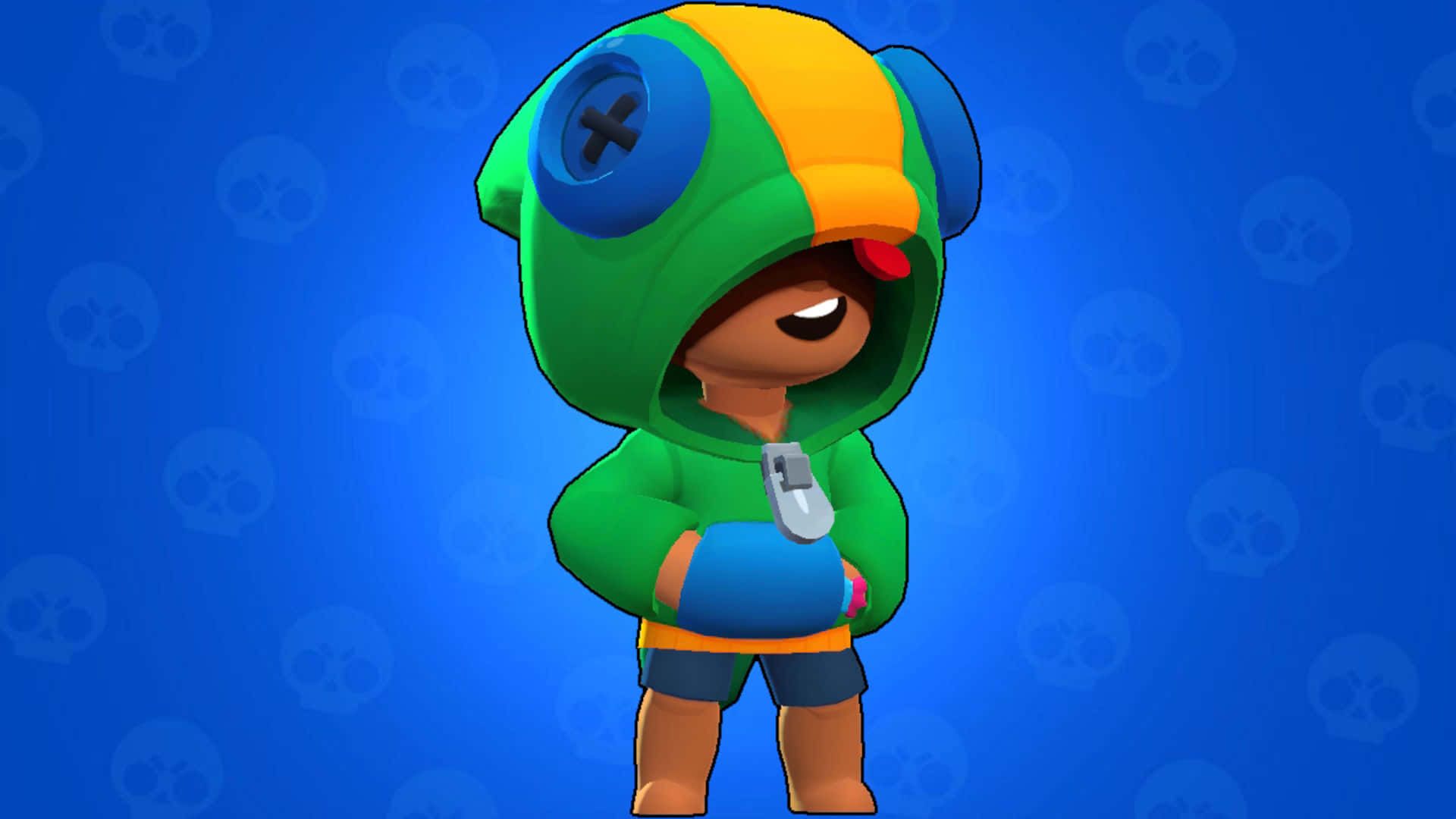 Leon, Brawl Stars, Blauer Hintergrund, Grüner Hoodie, 3D-Rendering, Full HD Wallpaper