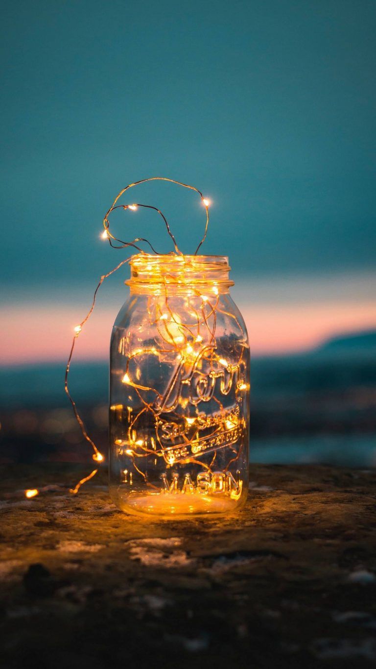 Einmachglas, Lichterkette, Abenddämmerung, Bokeh, Stimmungsvoll, Hintergrundbild fürs Handy