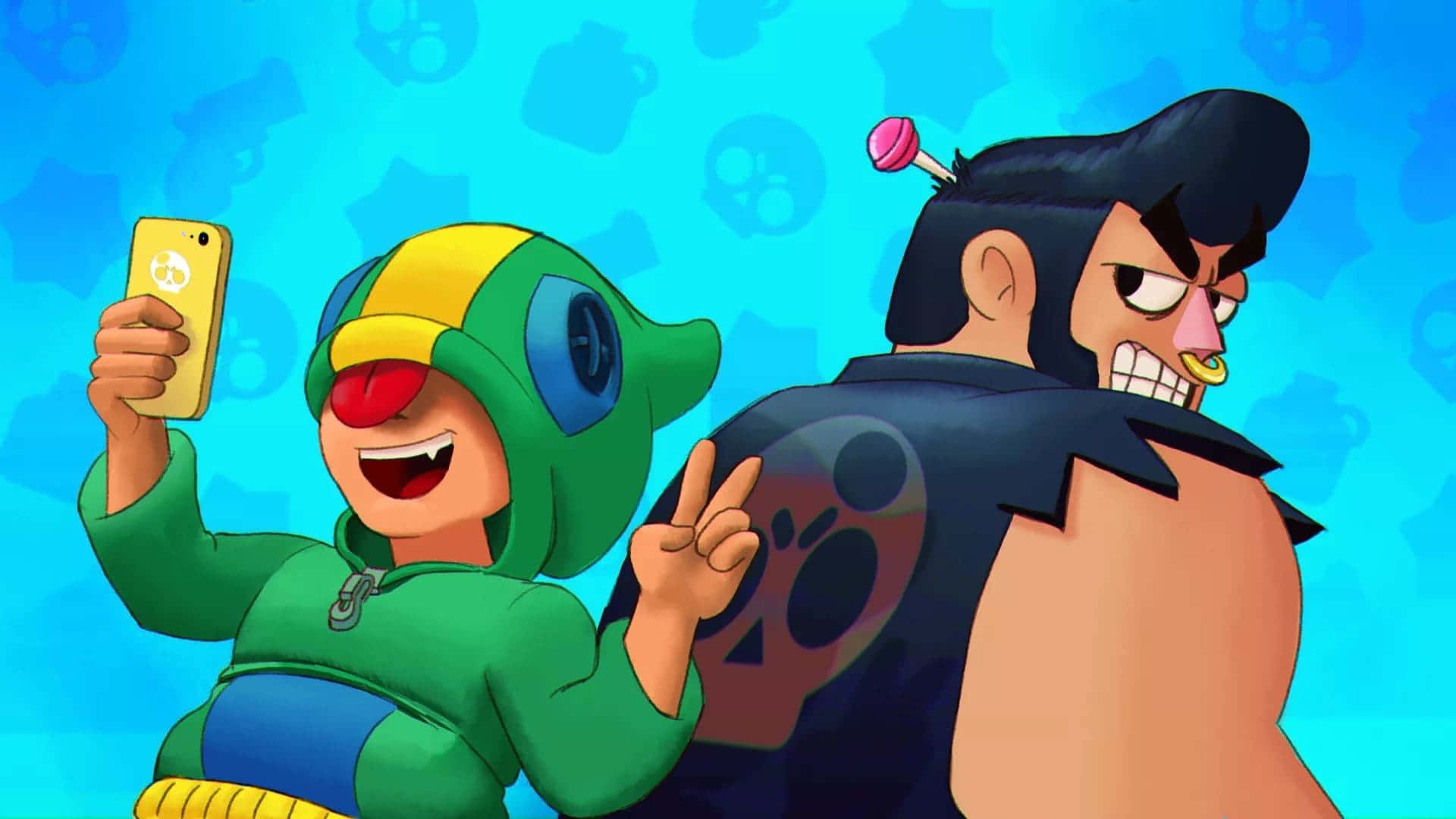 Leon, Brawl Stars, Selfie, Smartphone, Brawler, Blauer Hintergrund, Full HD Wallpaper