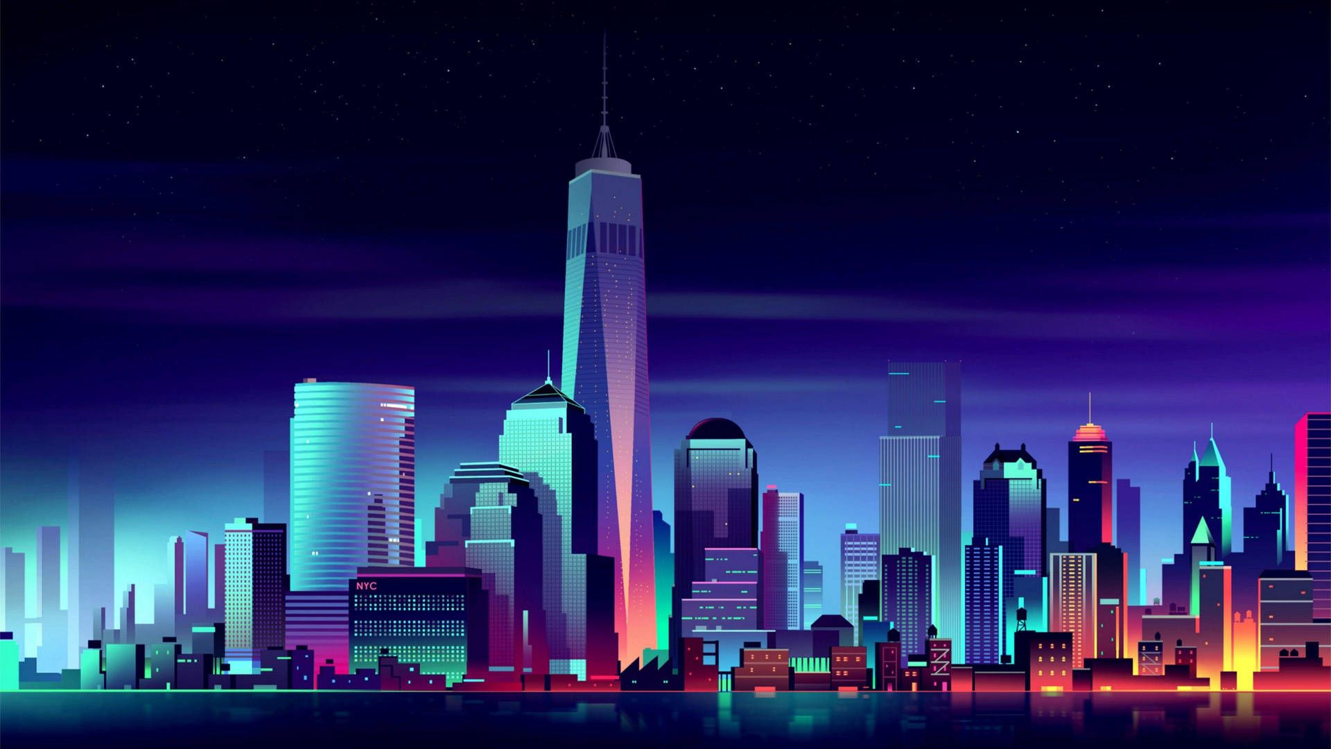 One World Trade Center, New York City, Skyline, Neonfarben, Nacht, Illustration, Full-HD-Hintergrund