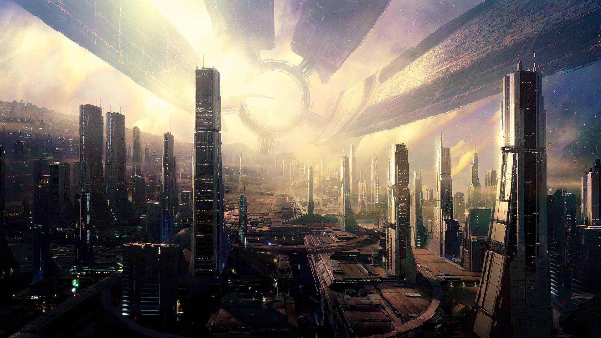 Futuristische Stadt, Wolkenkratzer, Lichtstrahlen, Science-Fiction, Dunst, Full HD, Laptop-Hintergrundbild