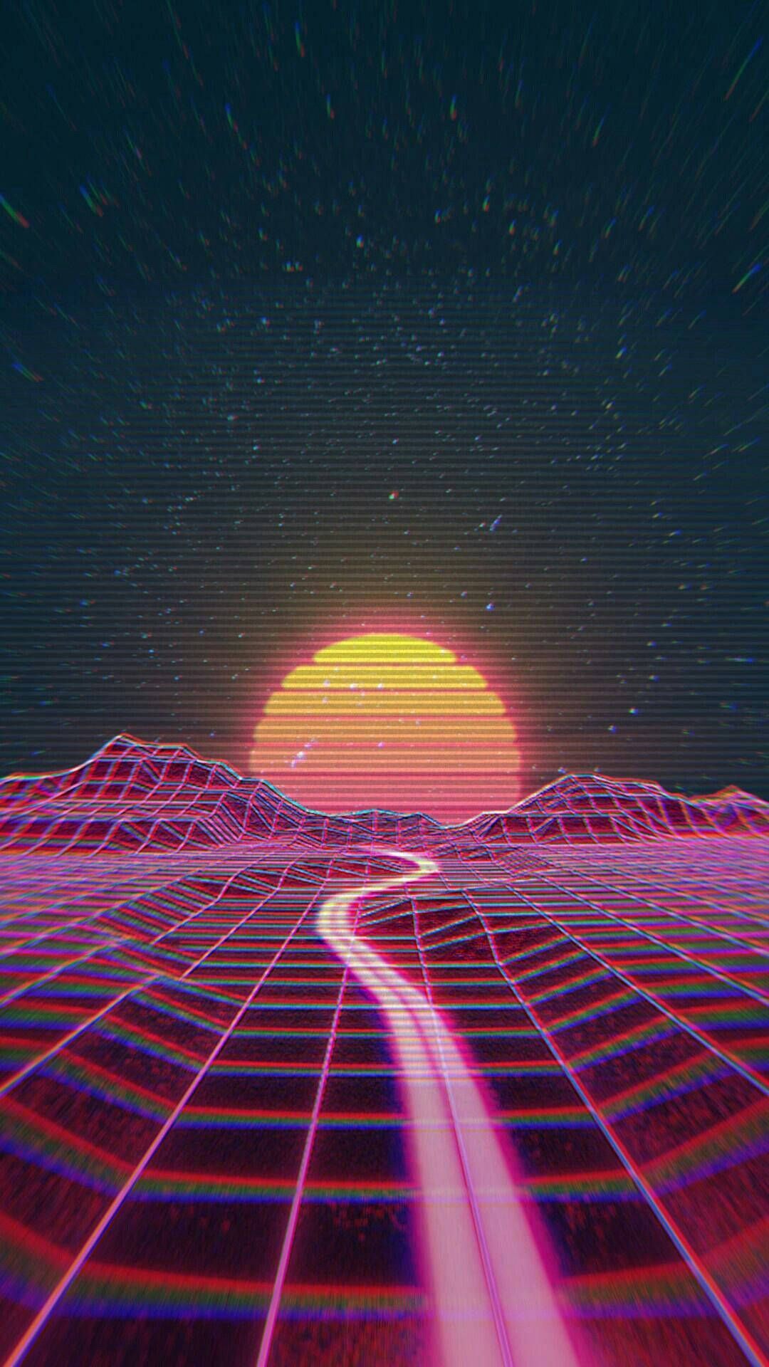 Synthwave, Sonnenuntergang, Gitterlandschaft, Straße, Retro, Full HD, Handy-Hintergrundbild